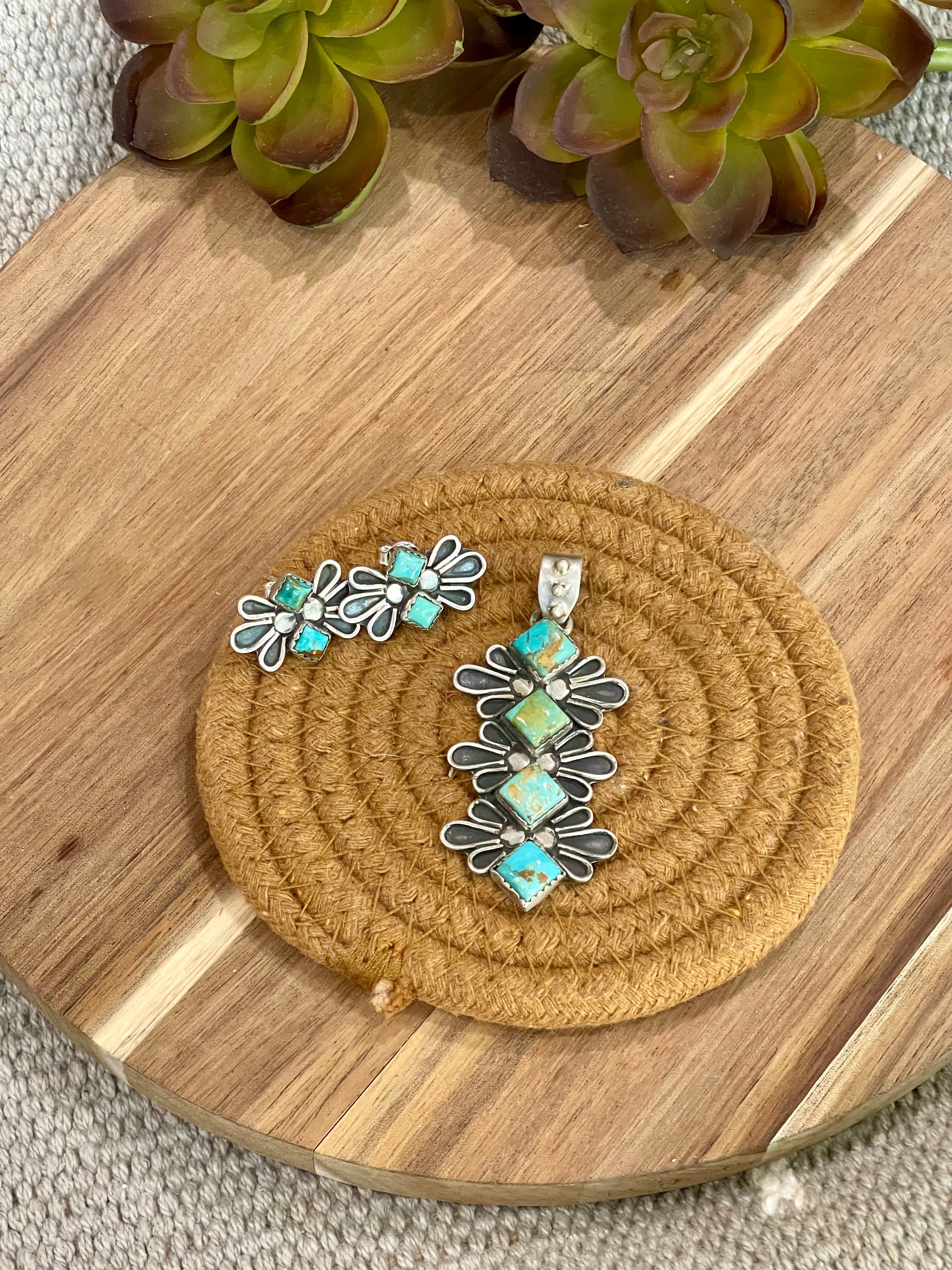 Handmade Sterling Silver & Kingman Turquoise Pendant And Earring Set