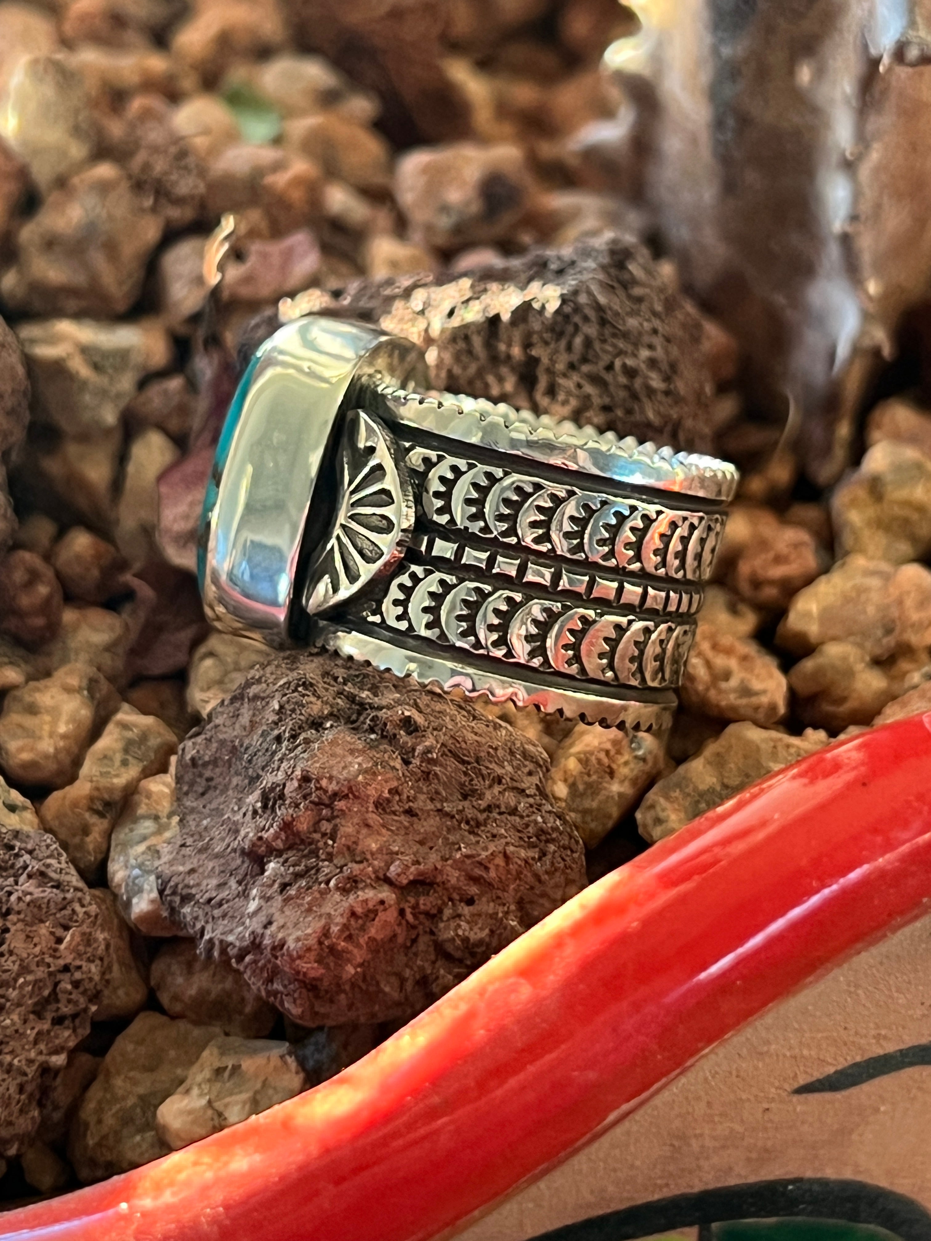 Handcrafted Sterling Silver Wide Shank Ring with Egyptian Turquoise by Shaun Rogers, Size 8.25