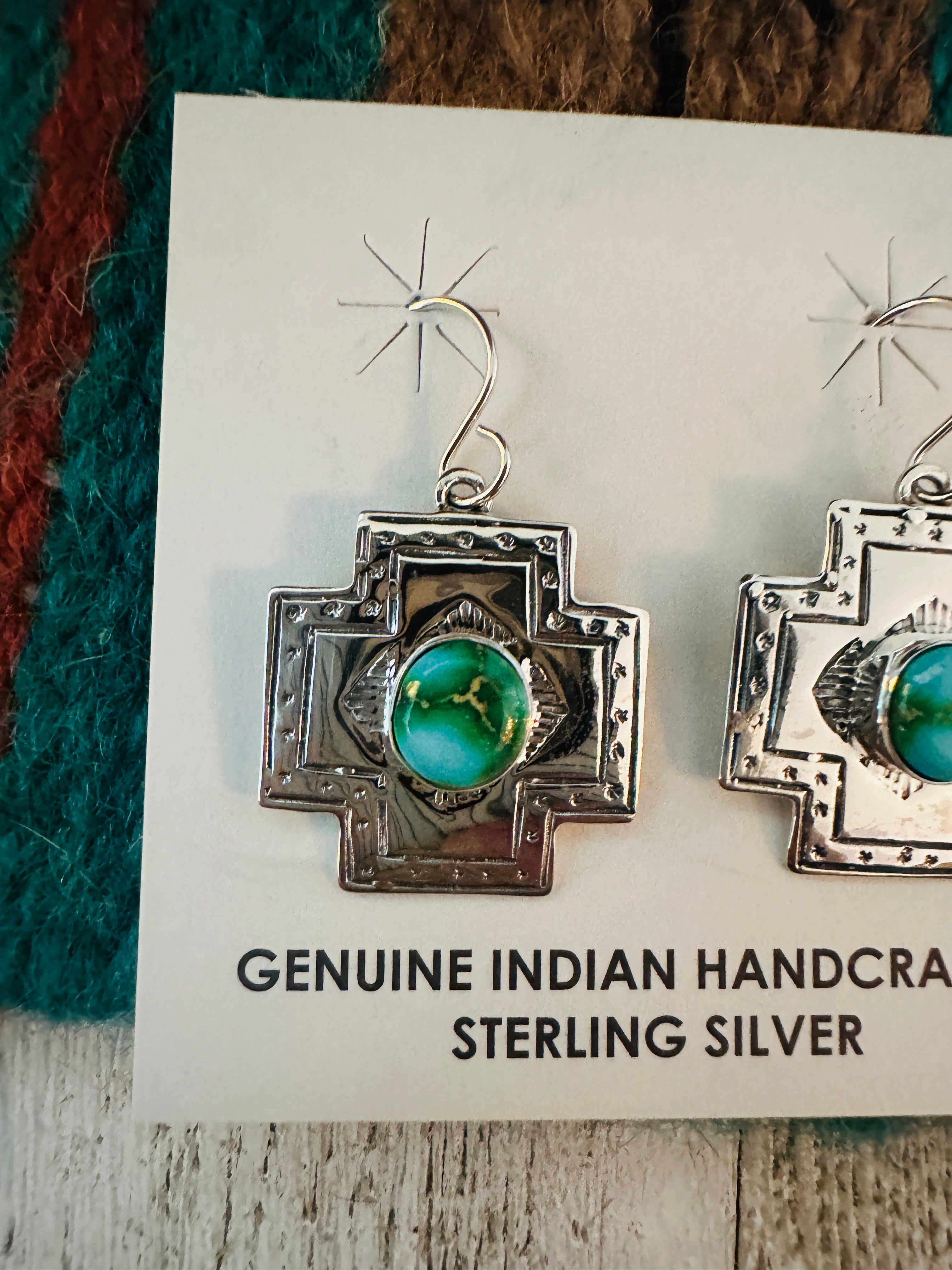 Navajo Sonoran Mountain Turquoise And Sterling Silver Cross Dangle Earrings