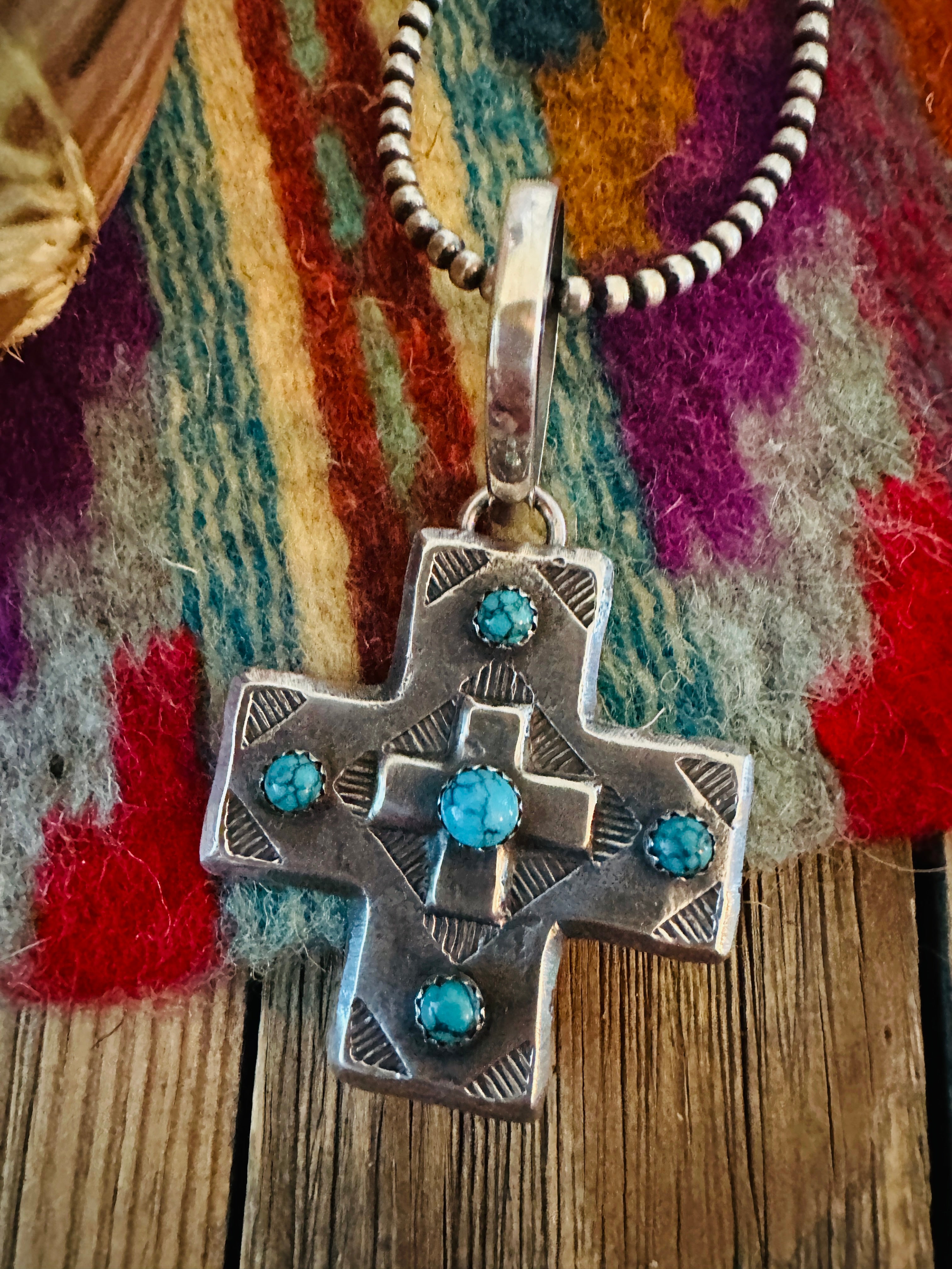 Handcrafted Coin Silver & Turquoise Cross Pendant by Buffalo Dancer