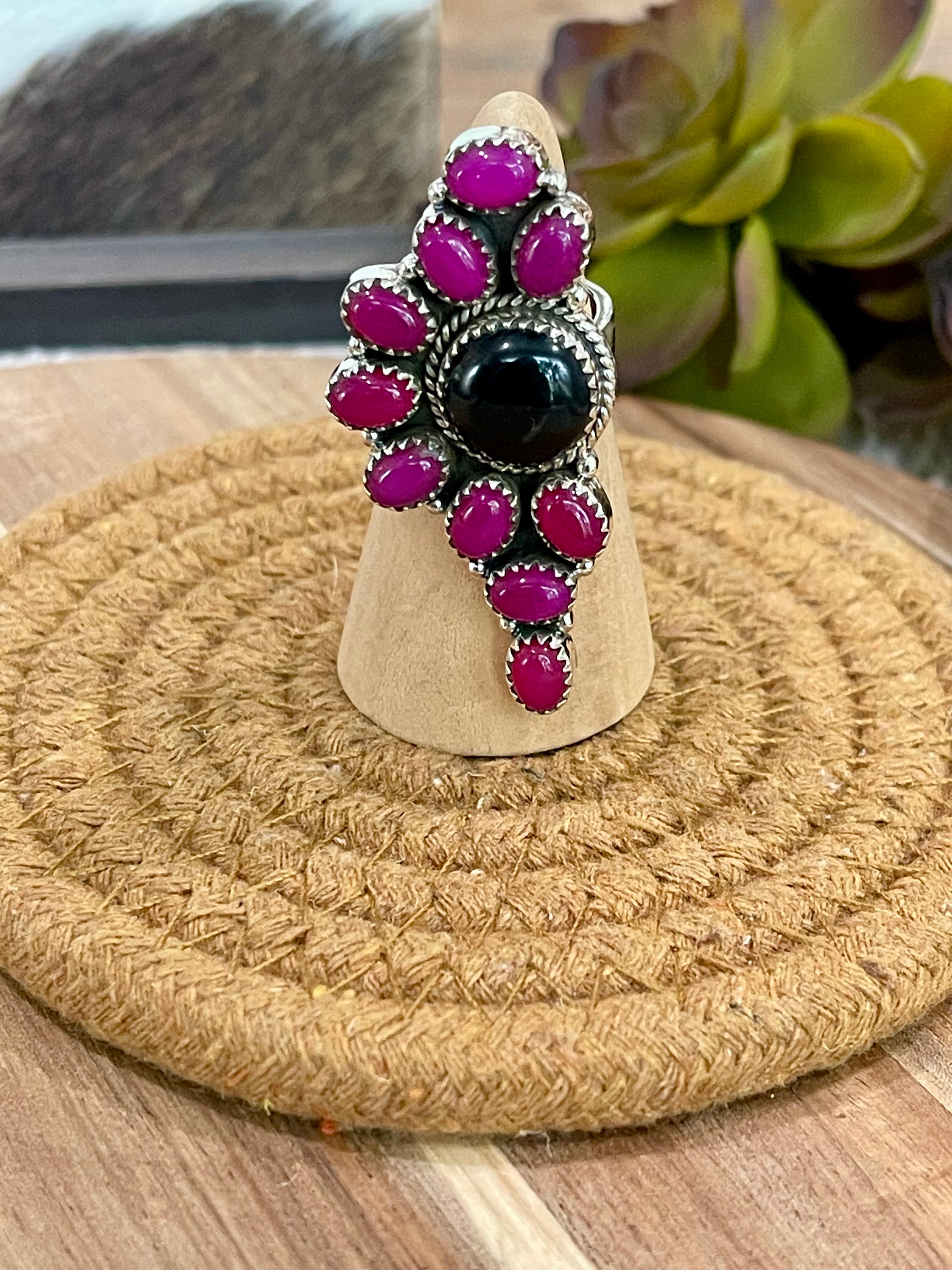 Handmade Sterling Silver, Onyx & Pink Onyx Cluster Adjustable Ring