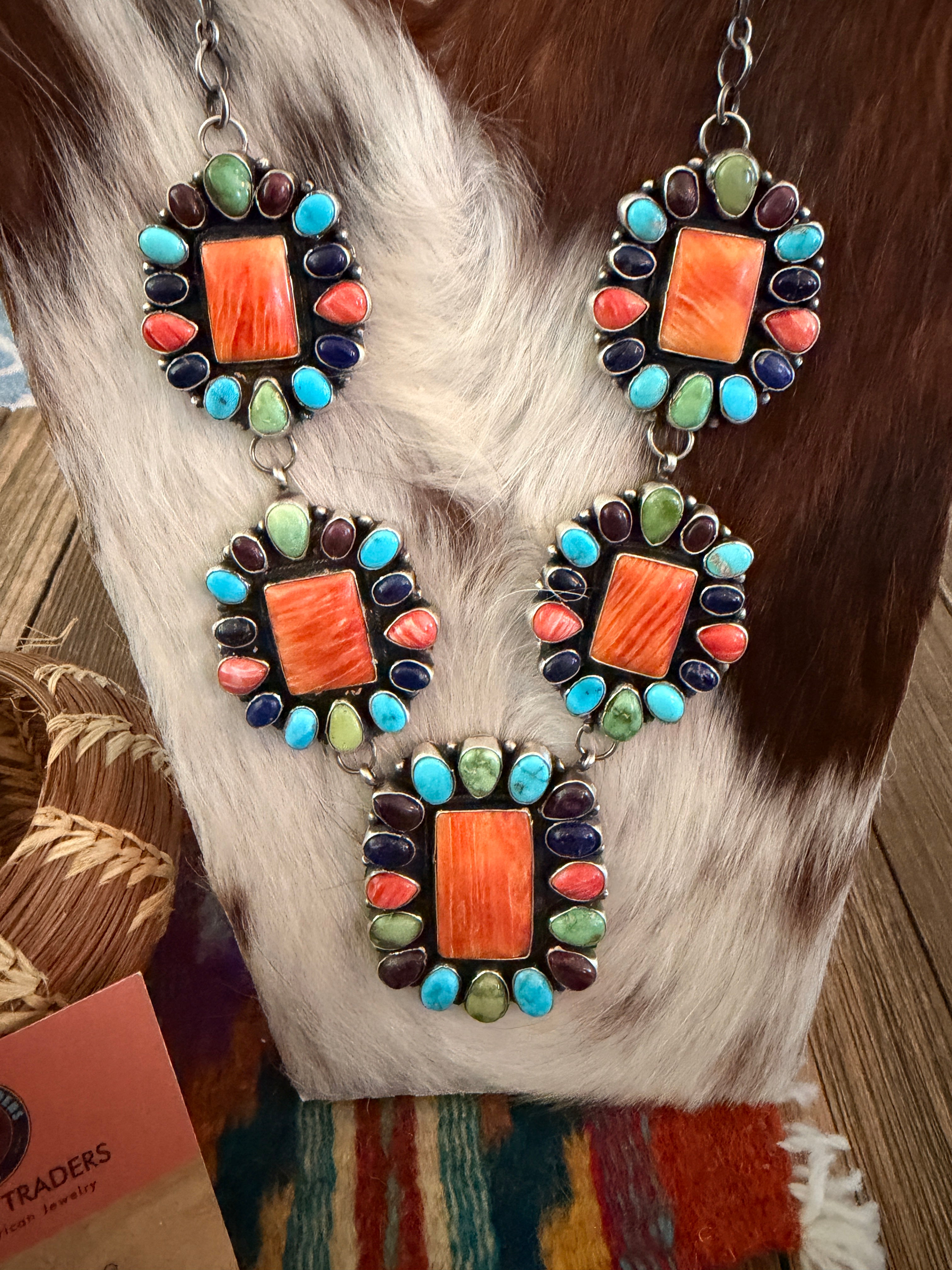 Handcrafted Spiny Oyster, Turquoise & Sterling Silver Necklace and Earring Set by Ella Peter