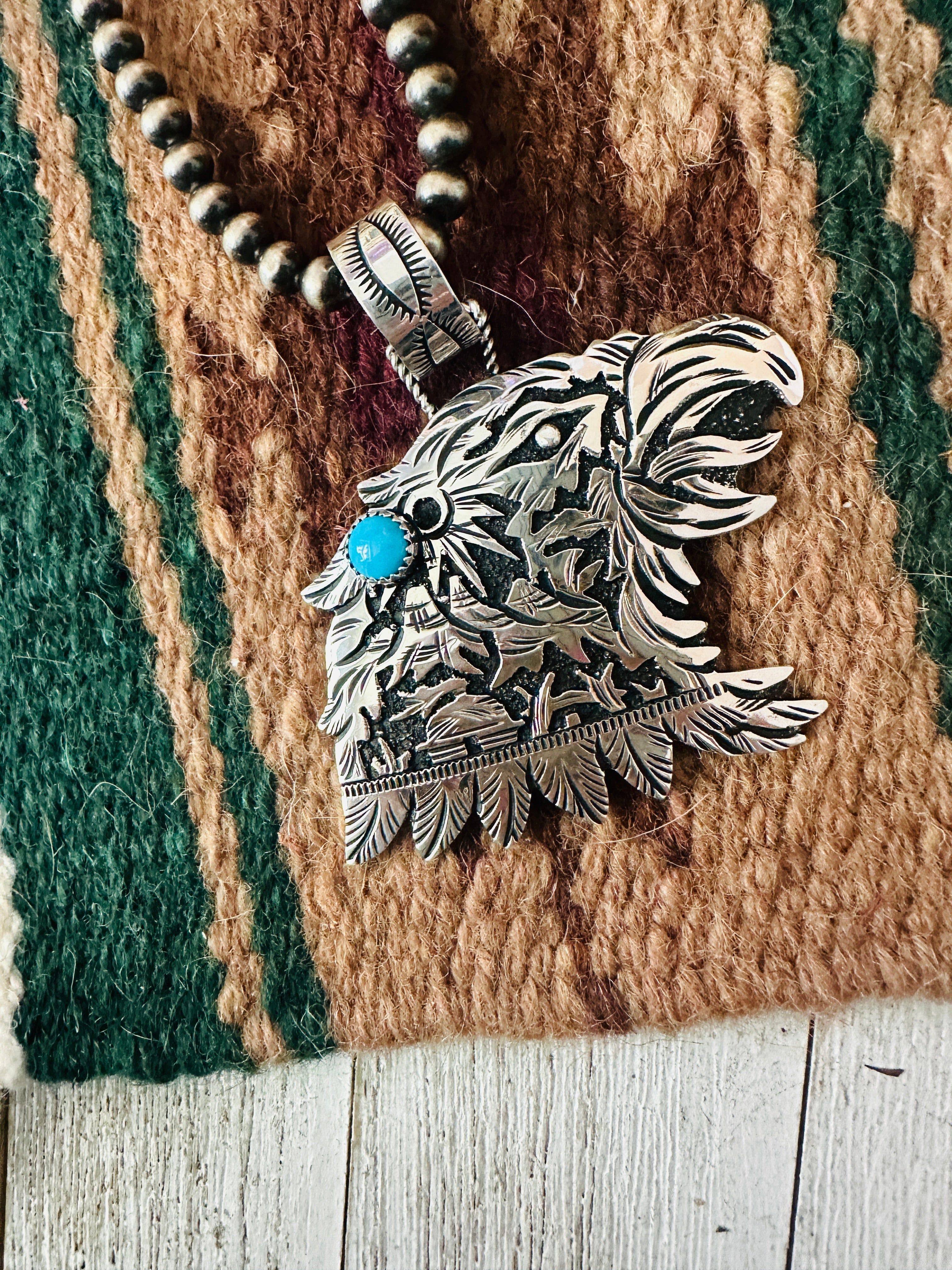 Navajo Turquoise & Sterling Silver Eagle Pendant Signed Richard Singer