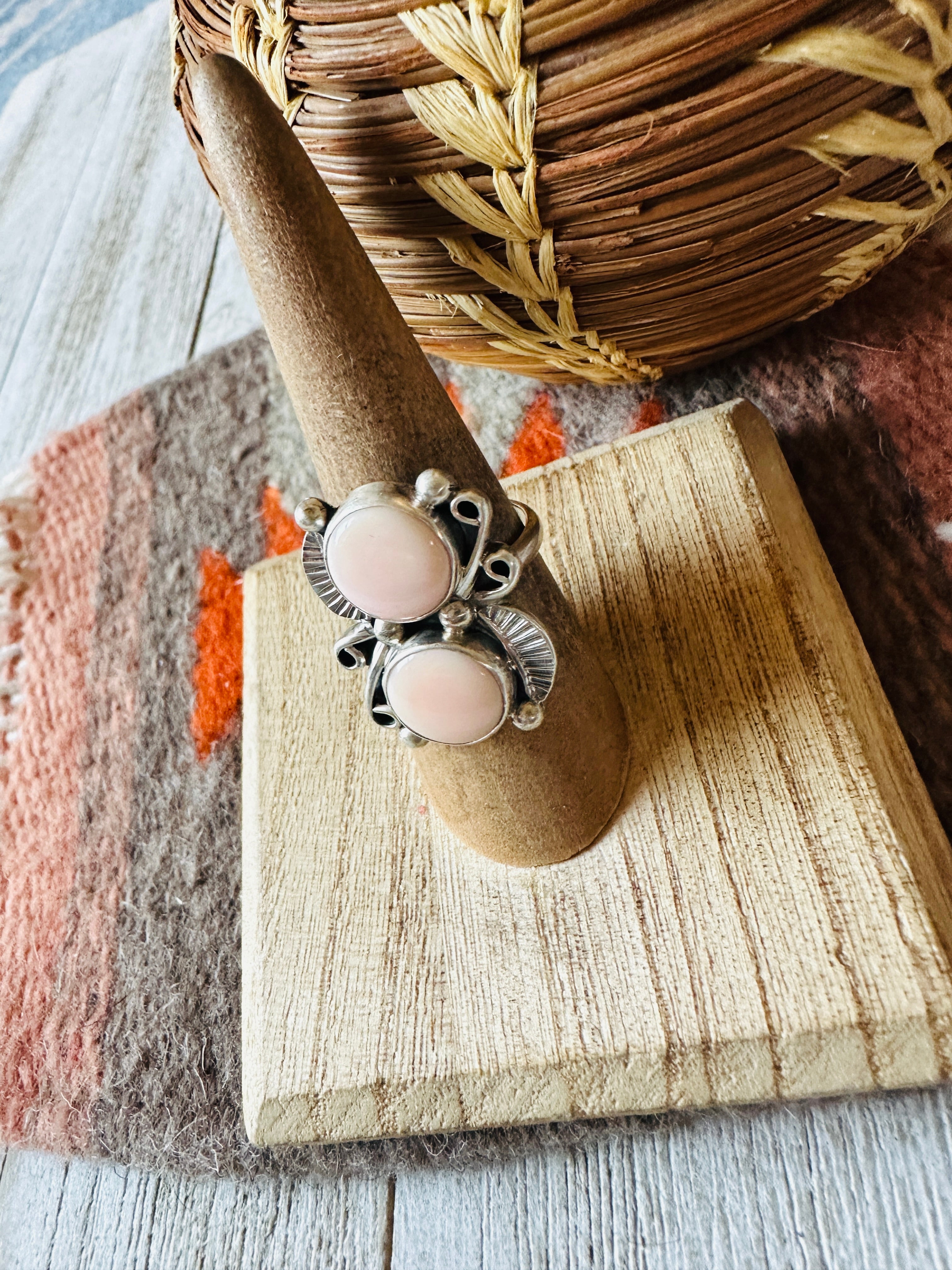 Navajo Sterling Silver & Queen Pink Conch 2-Stone Adjustable Ring