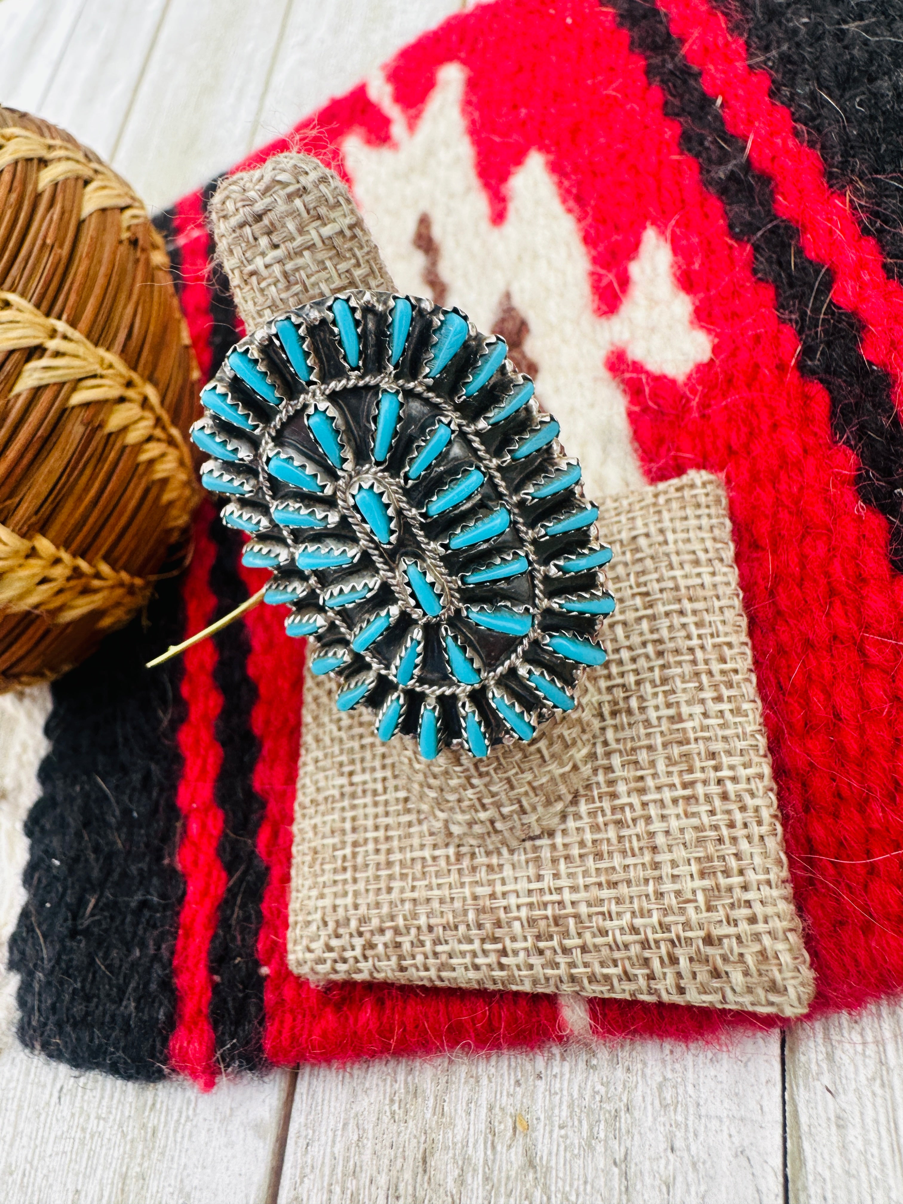 Old Pawn Handcrafted Turquoise & Sterling Silver Cluster Ring Size 8