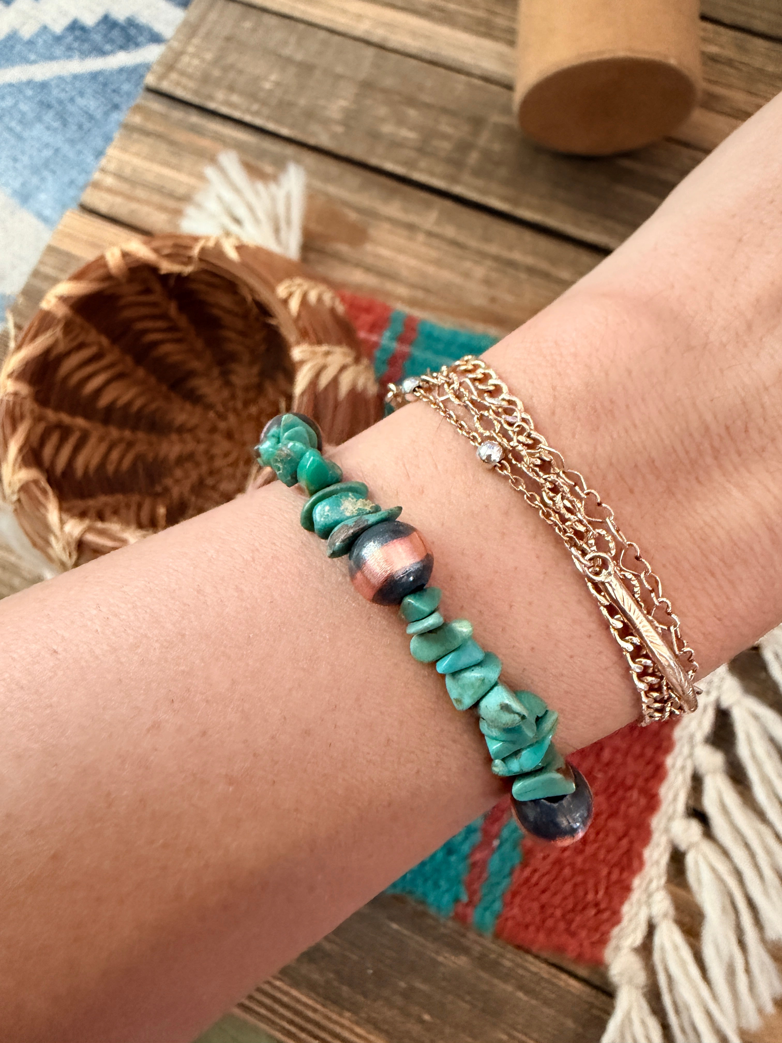Handcrafted Turquoise & Copper Beaded Bracelet 7.5”