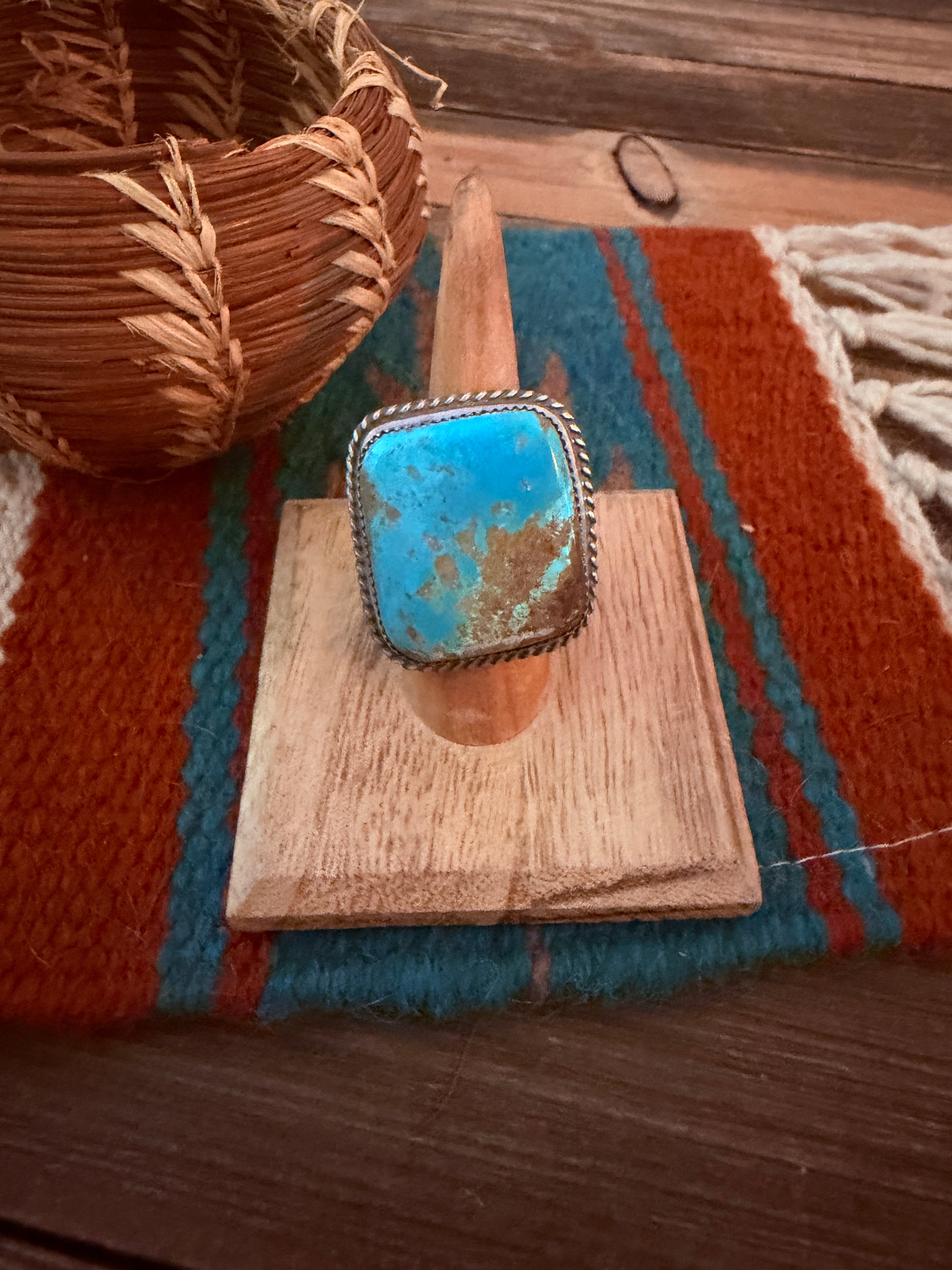 Handcrafted Royston Turquoise & Sterling Silver Ring Size 8.25 by Leslie Nez
