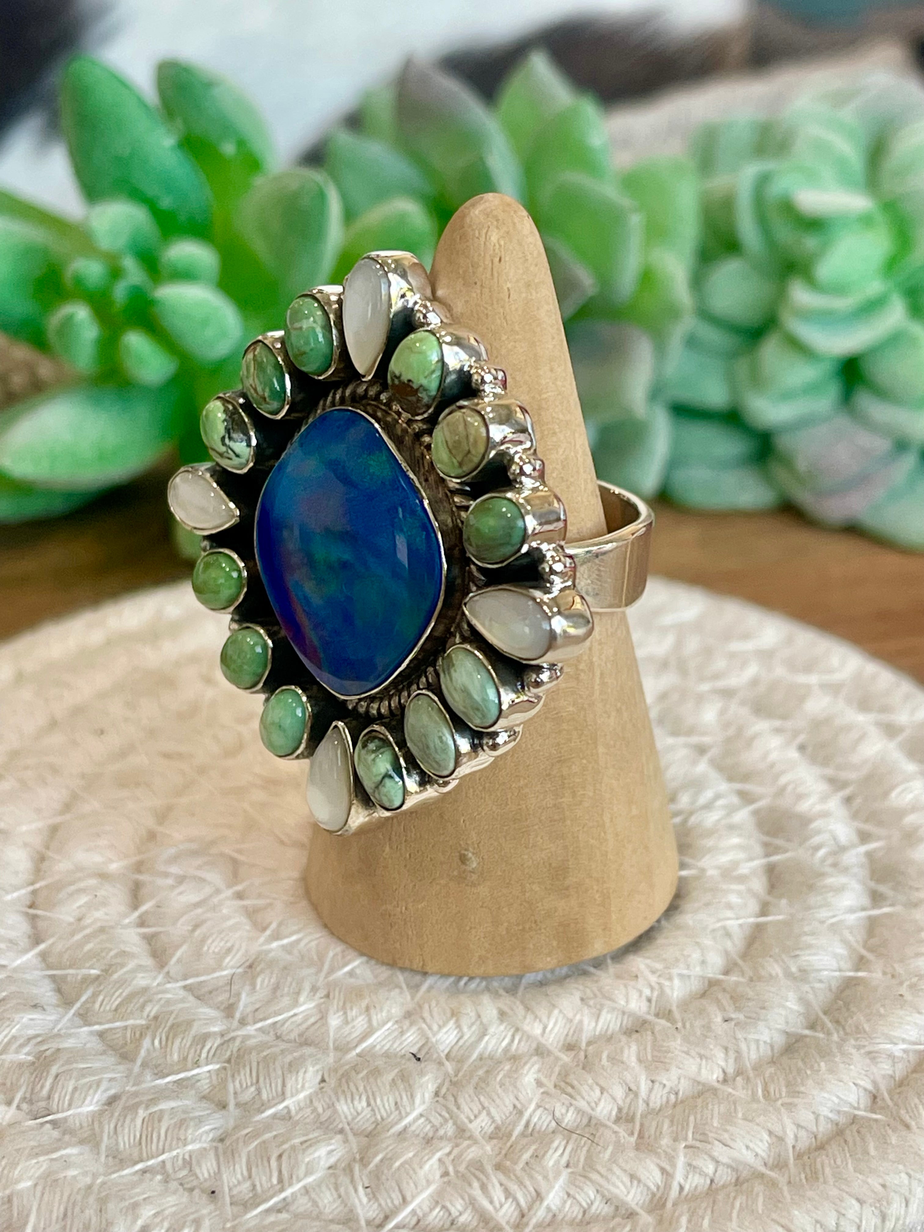 Handmade  Blue Opal, Mother Of Pearl, Turquoise And Sterling Silver Adjustable Ring Signed Nizhoni