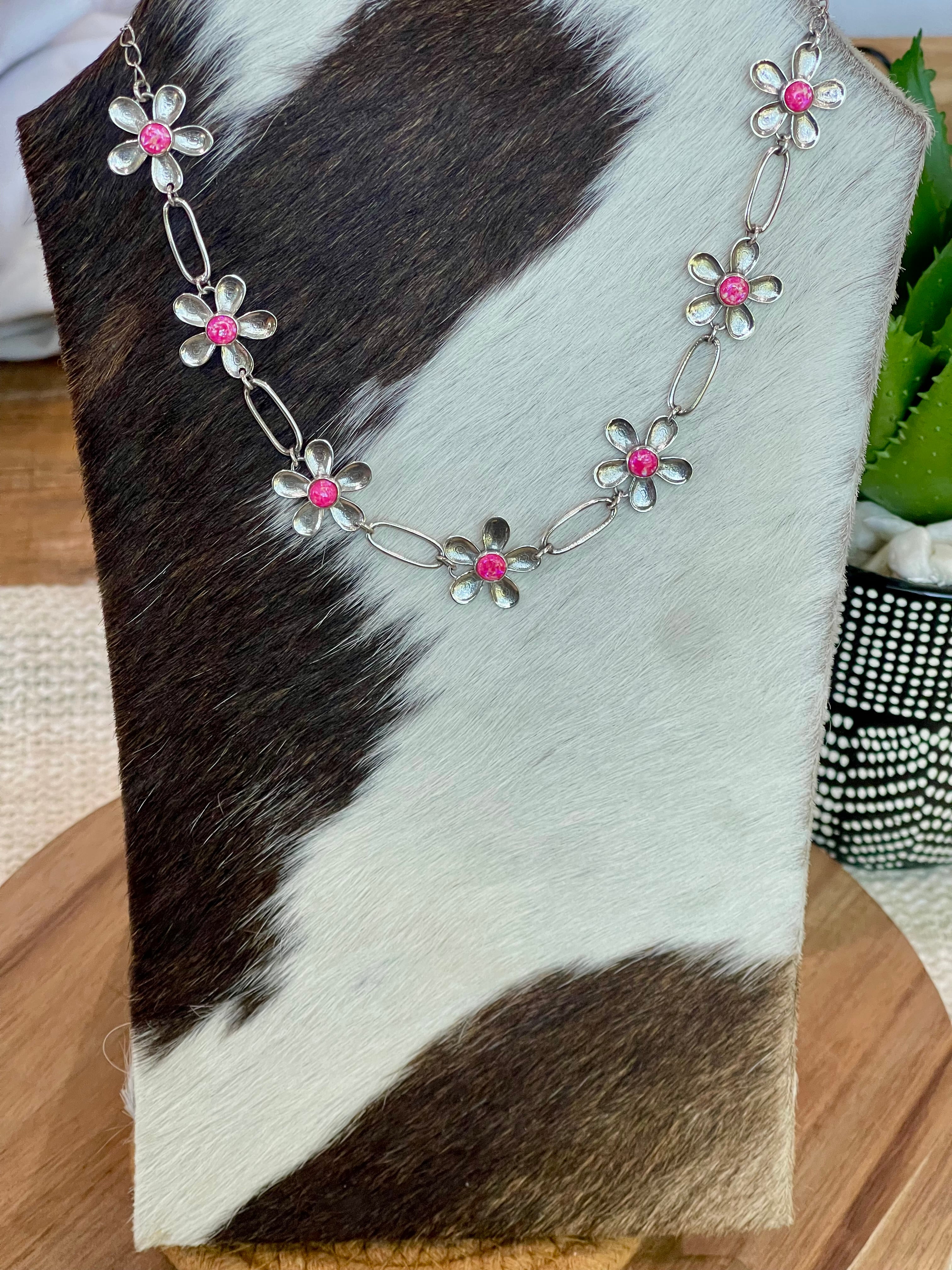 DAISY Handcrafted Sterling Silver & Pink Fire Opal Flower Necklace