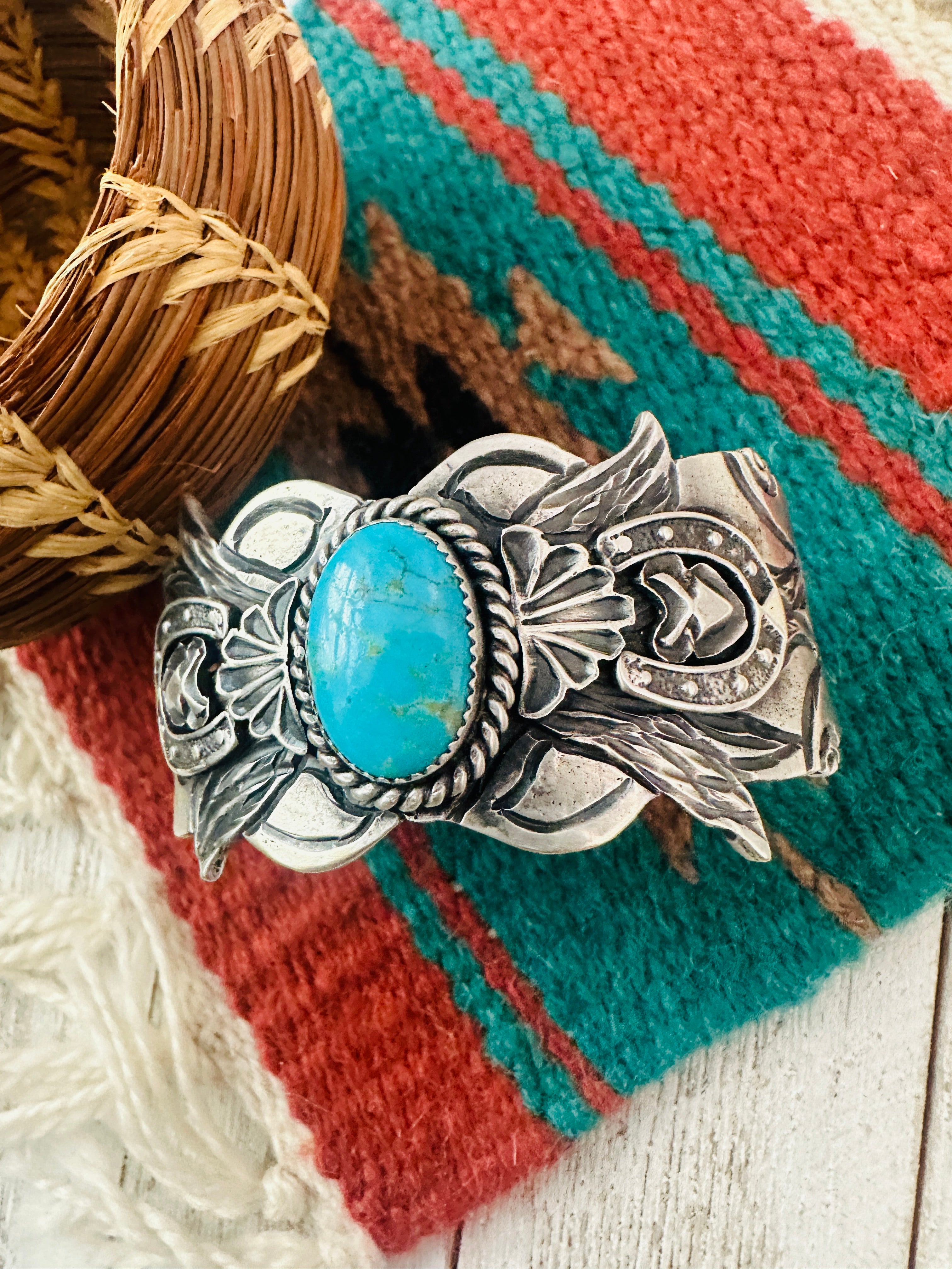 Navajo Turquoise & Sterling Silver Horse Cuff Bracelet by Kevin Billah