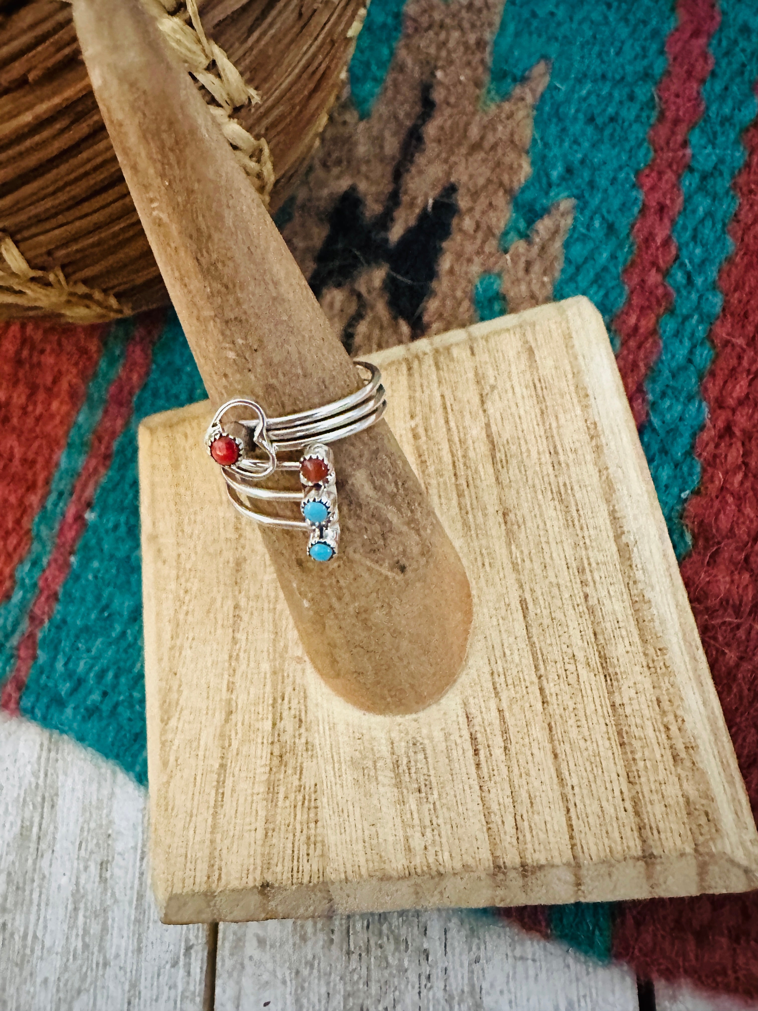 Zuni Turquoise, Coral & Sterling Silver Heart Adjustable Ring