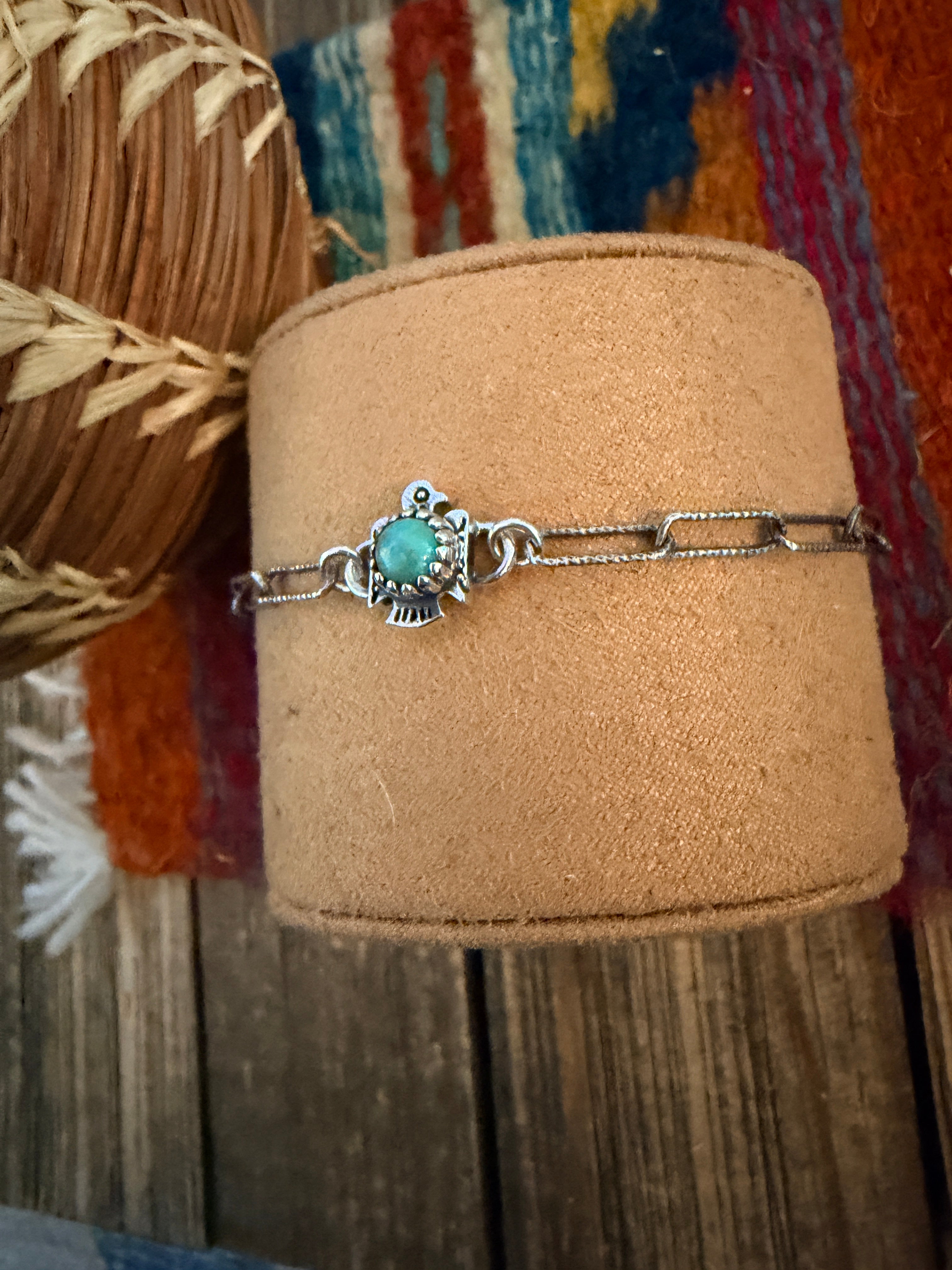 Handmade Kingman Turquoise & Sterling Silver Thunderbird Anklet