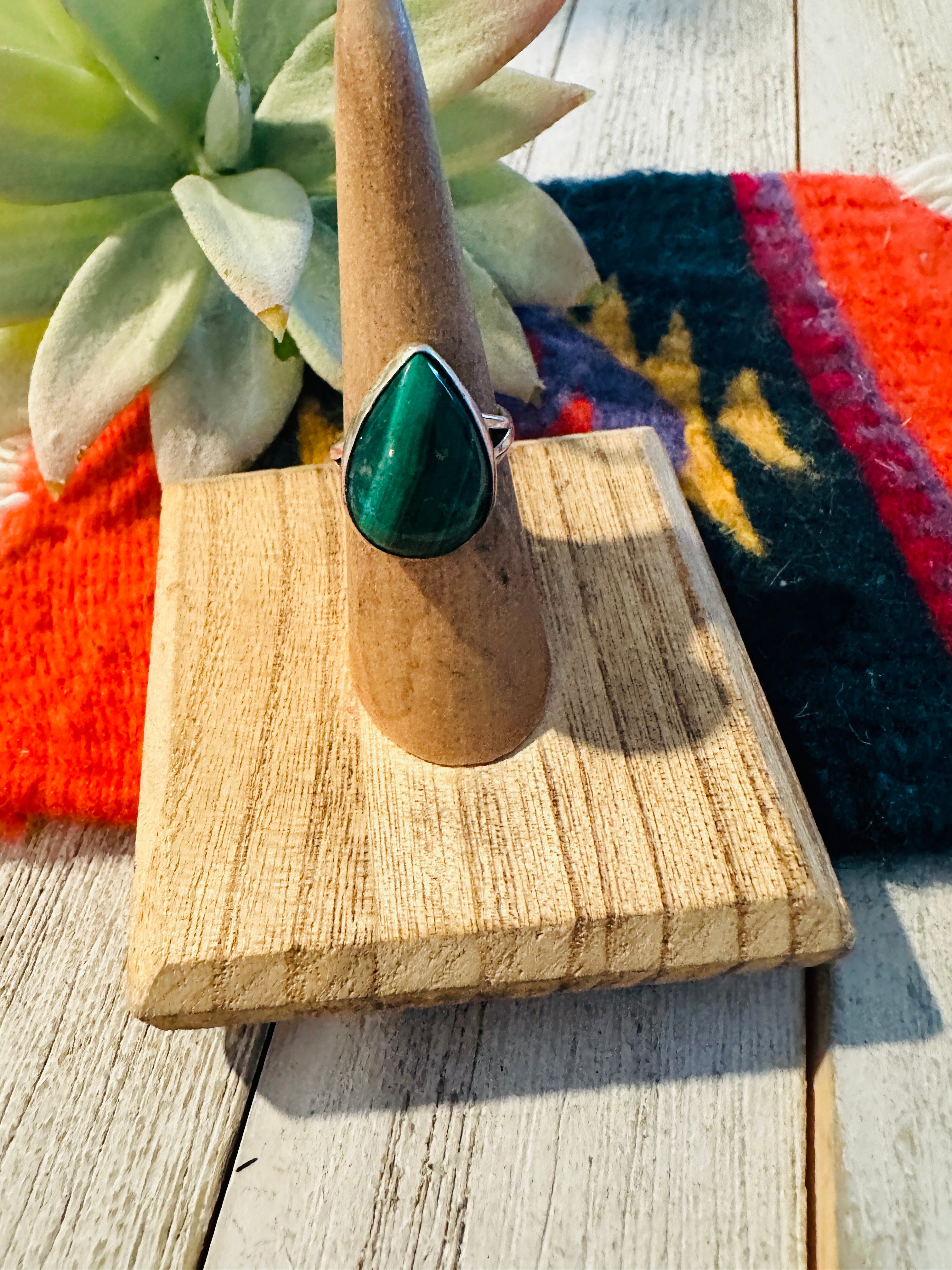 Navajo Malachite & Sterling Silver Teardrop Ring