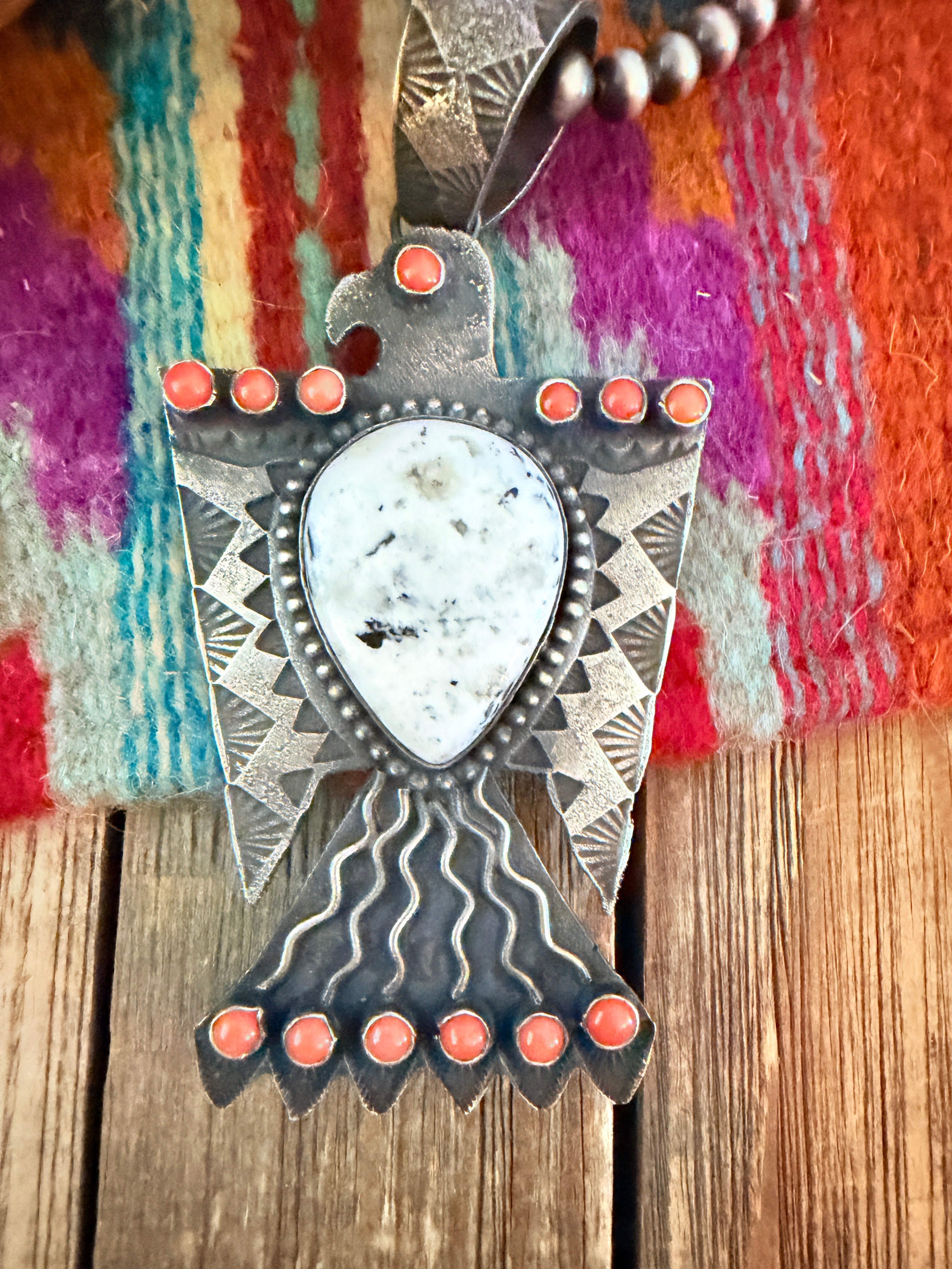 Handcrafted Sterling Silver, White Buffalo & Coral Thunderbird Pendant by Shawn Cayatineto