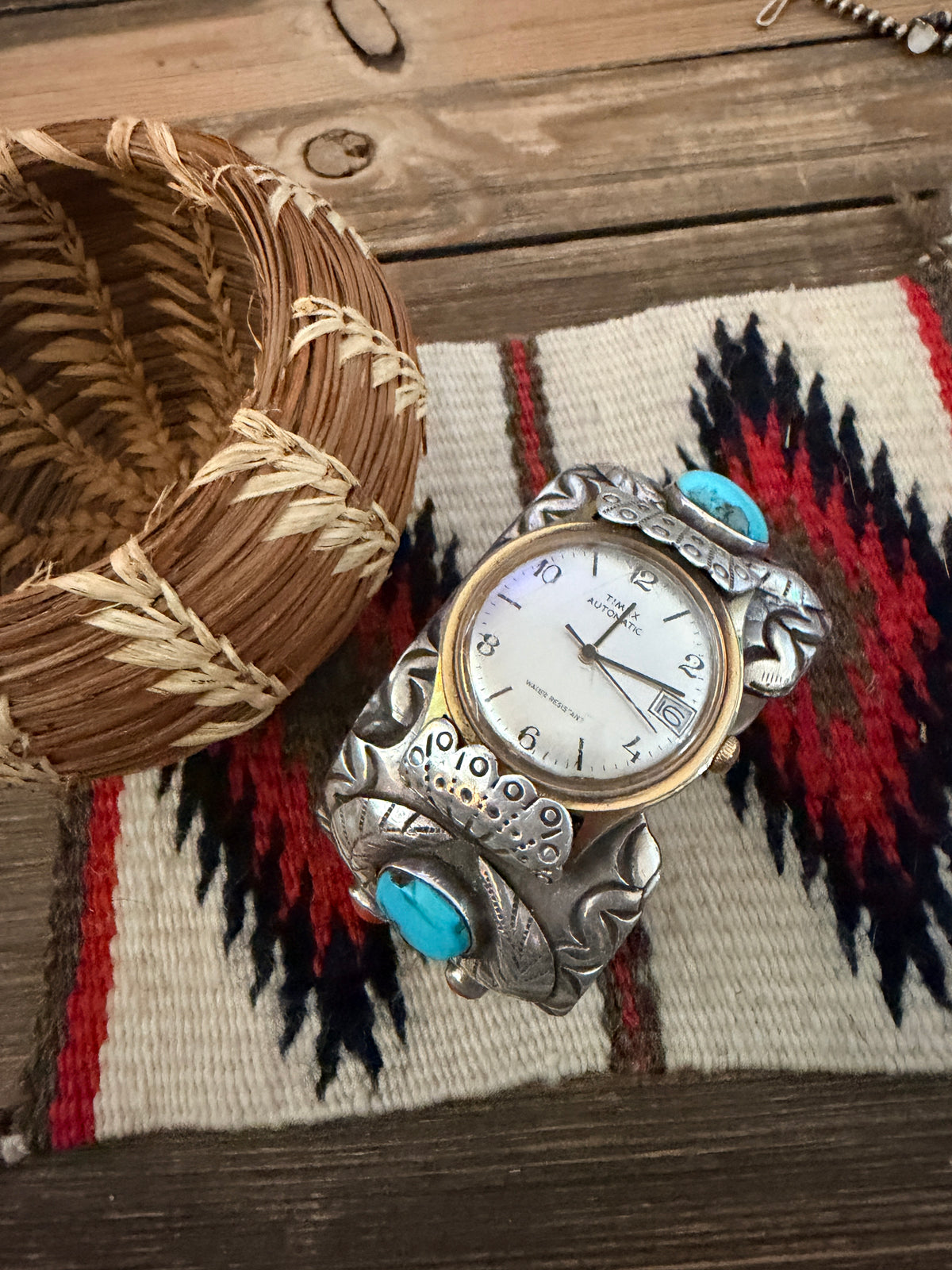 Handcrafted Old Pawn Turquoise, Coral & Sterling Silver Watch Cuff