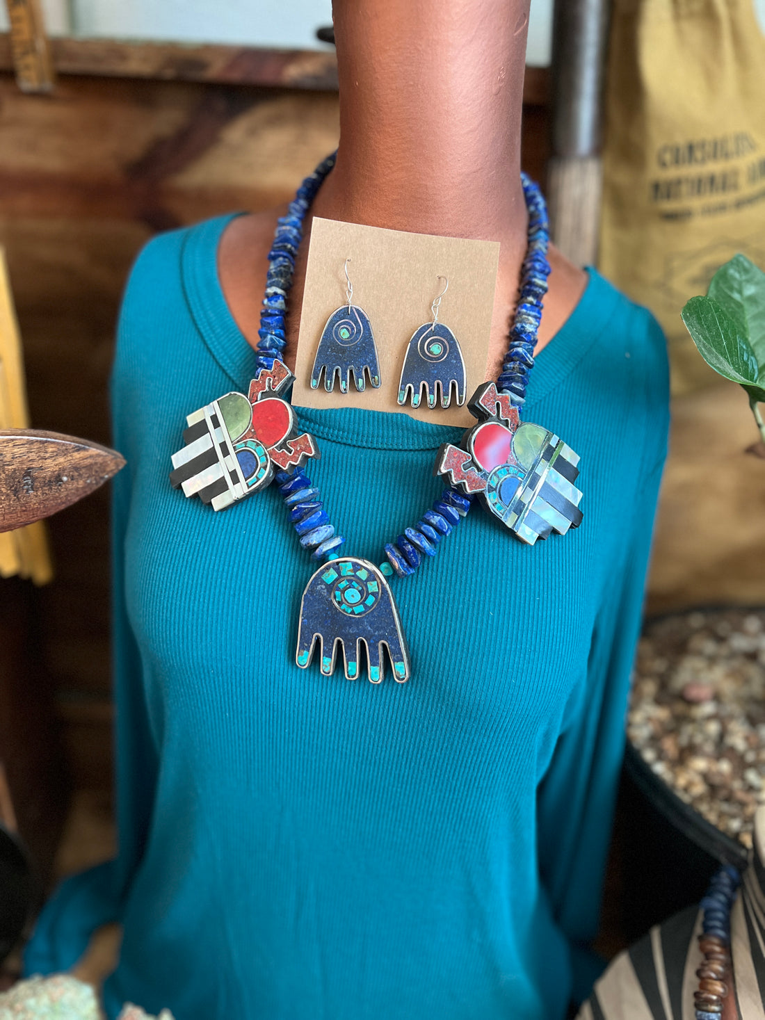 Handcrafted Multi Stone Inlay Healing Hand and Storm Cloud Necklace & Earrings by Warren Nieto