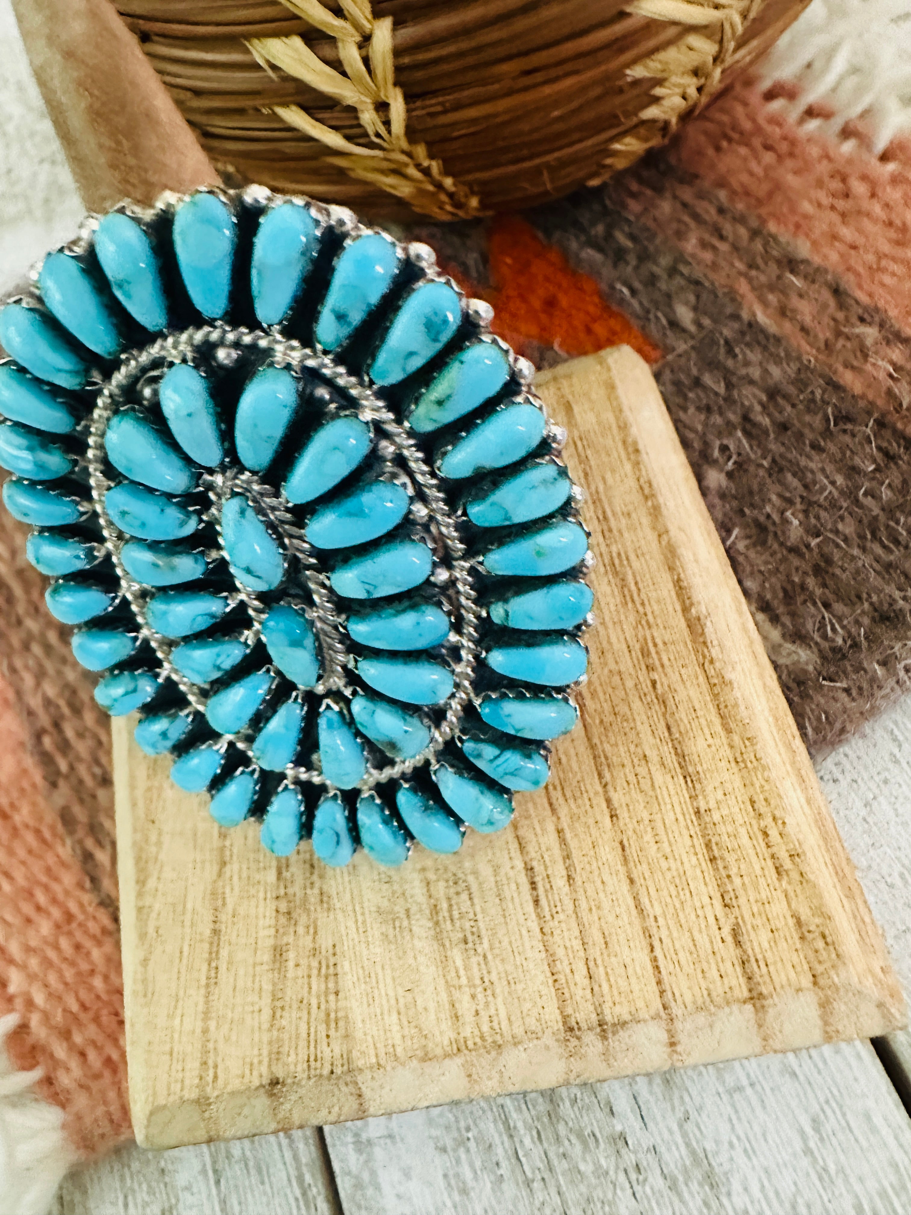 Navajo Turquoise & Sterling Silver Cluster Adjustable Ring