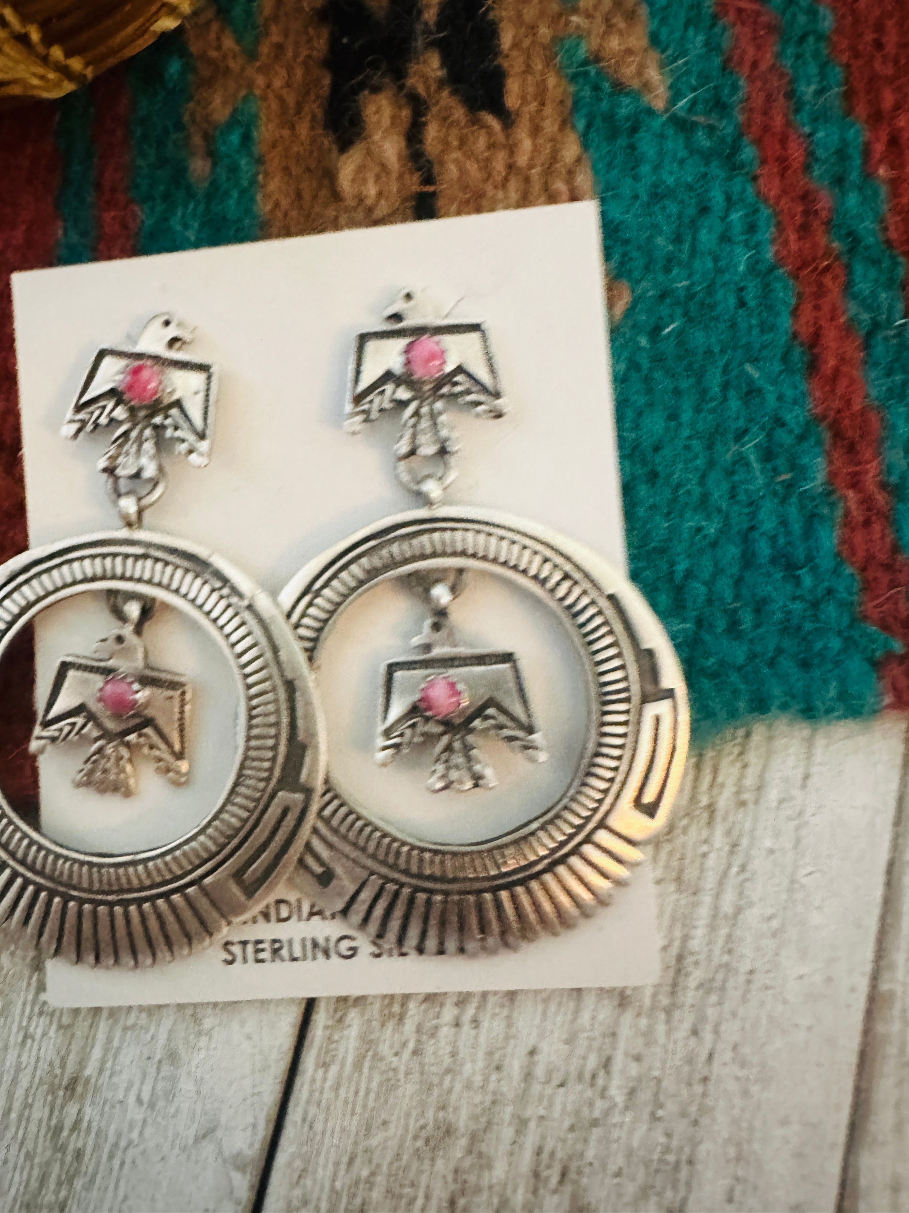 Navajo Sterling Silver & Rhodochrosite Thunderbird Dangle Earrings