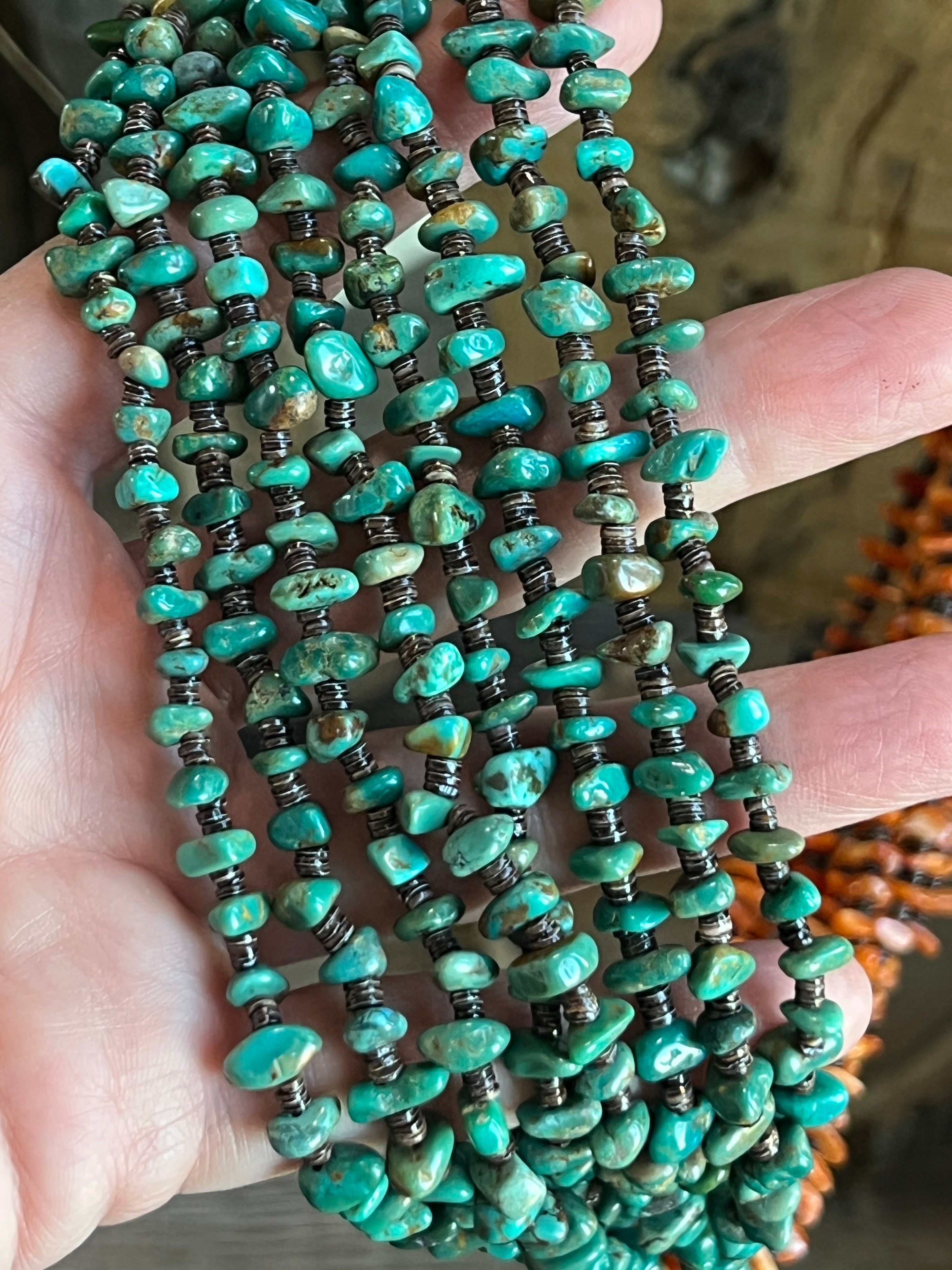 Handcrafted Eight Strand Spiny Oyster and Turquoise Beaded Squaw Wrap