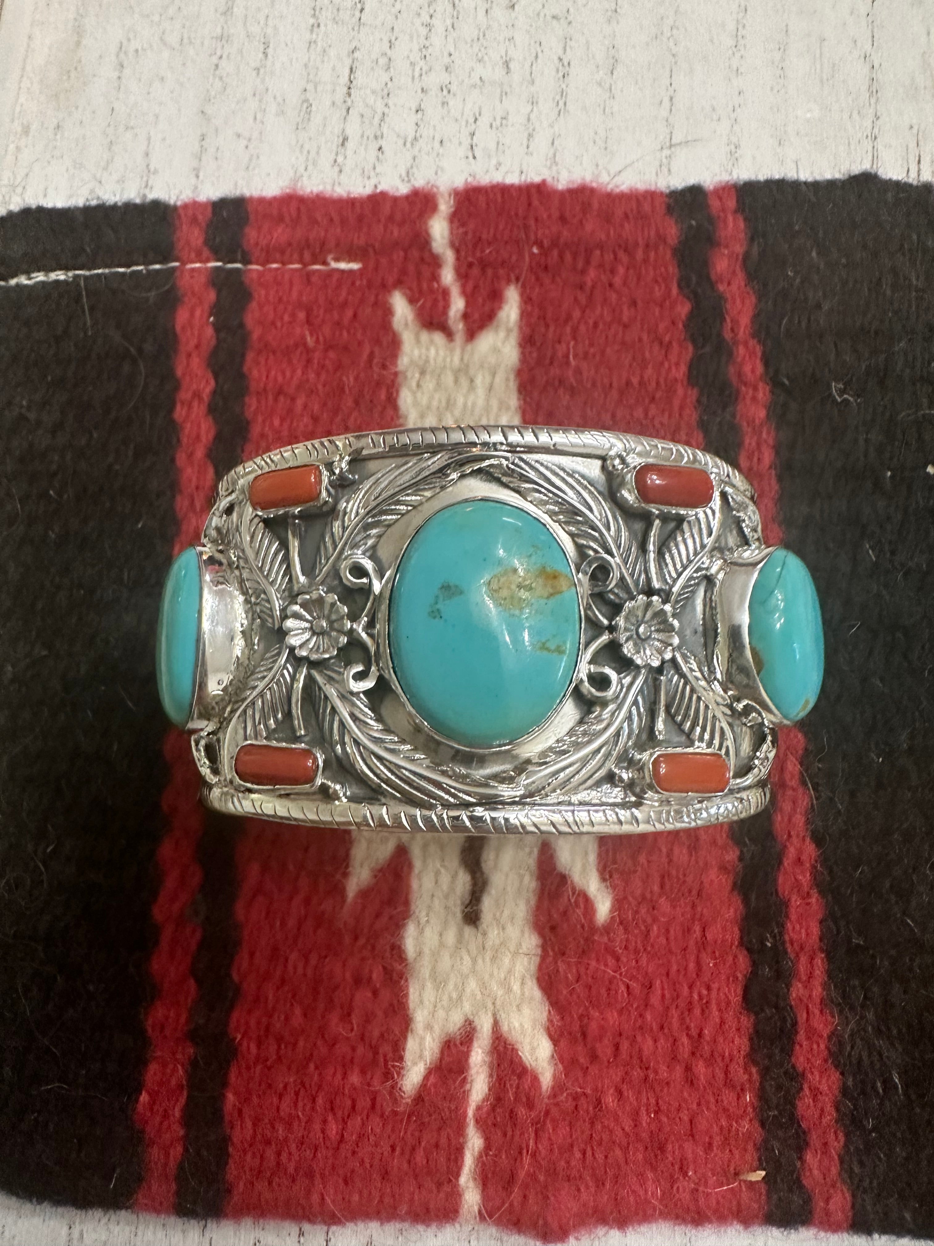 Handmade Sterling Silver, Turquoise & Coral Cuff Bracelet Signed Nizhoni