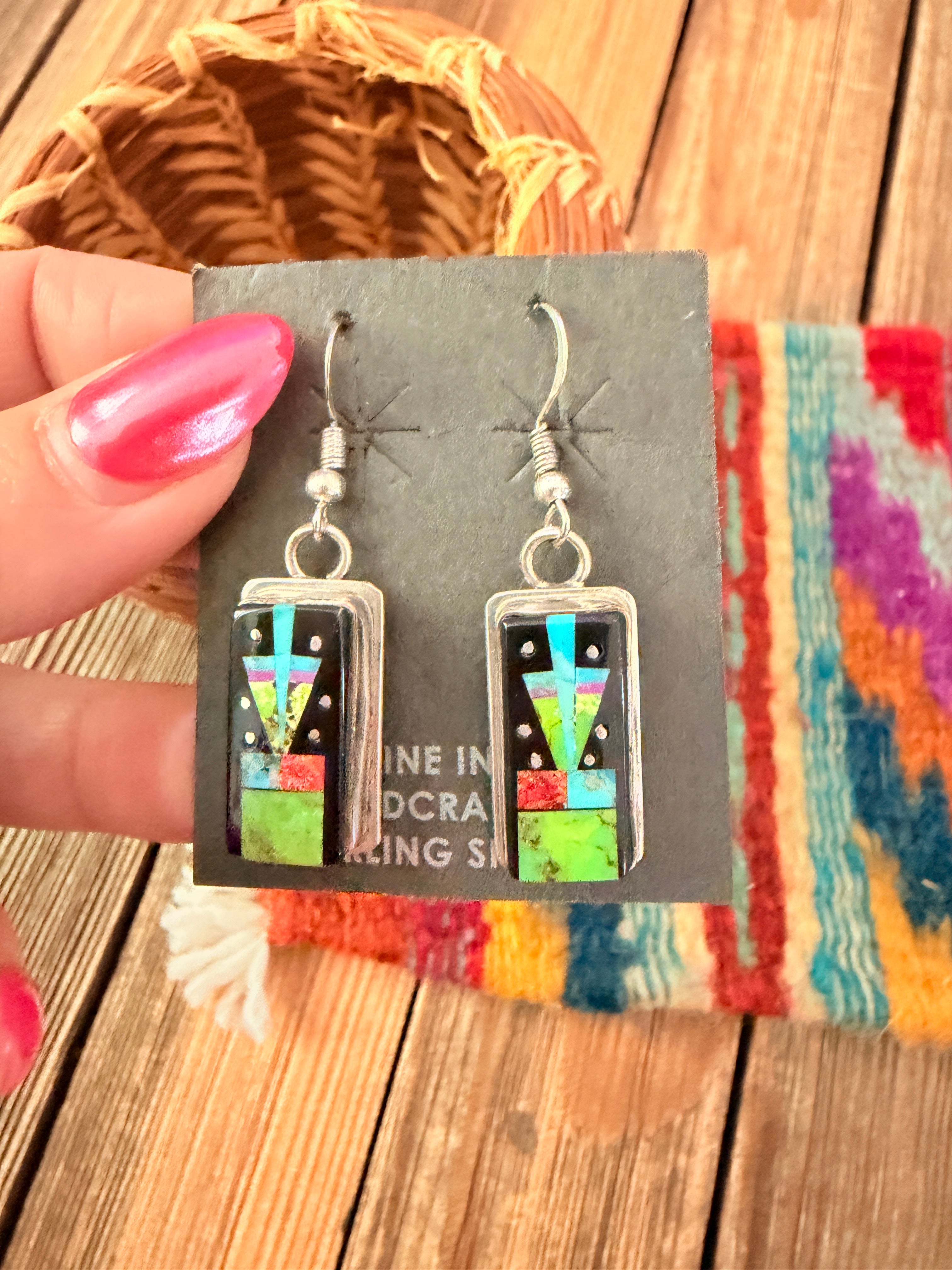 Handcrafted Multi Stone & Sterling Silver Inlay Dangle Earrings by Sylvana Apache
