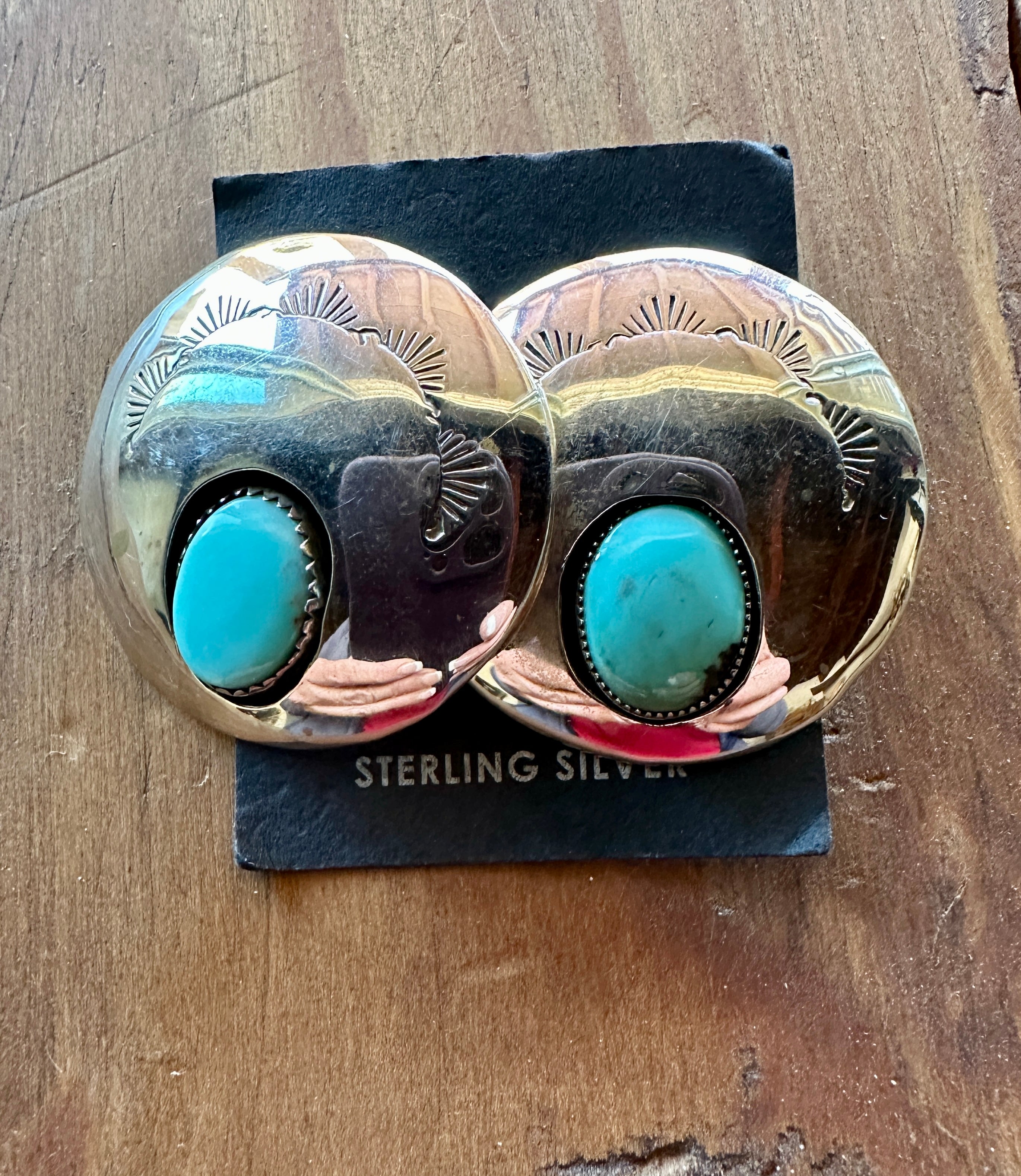 Navajo Hand Stamped Sterling Silver & Turquoise Post Earrings