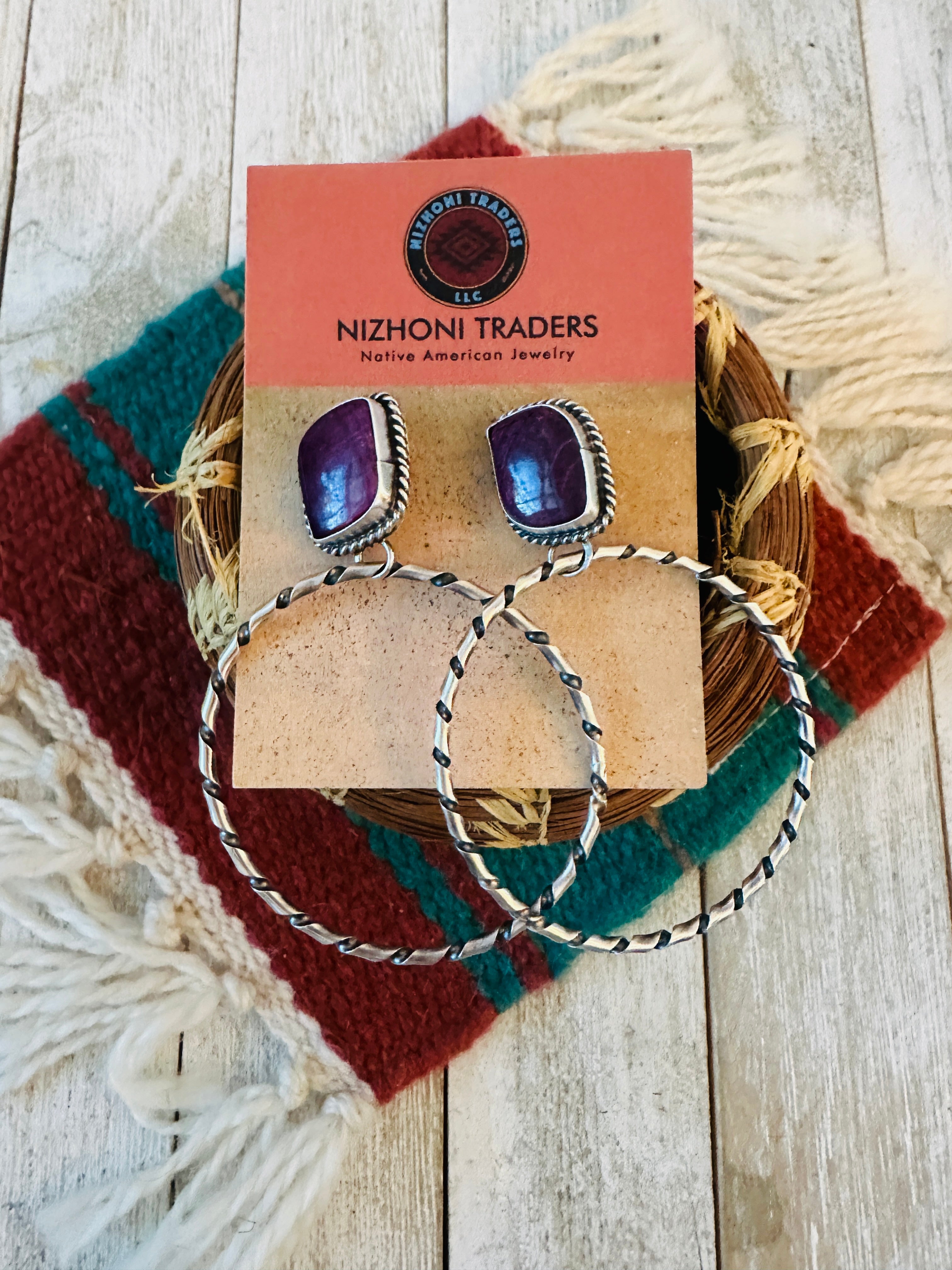 Navajo Purple Spiny and Sterling Silver Dangle Hoop Earrings