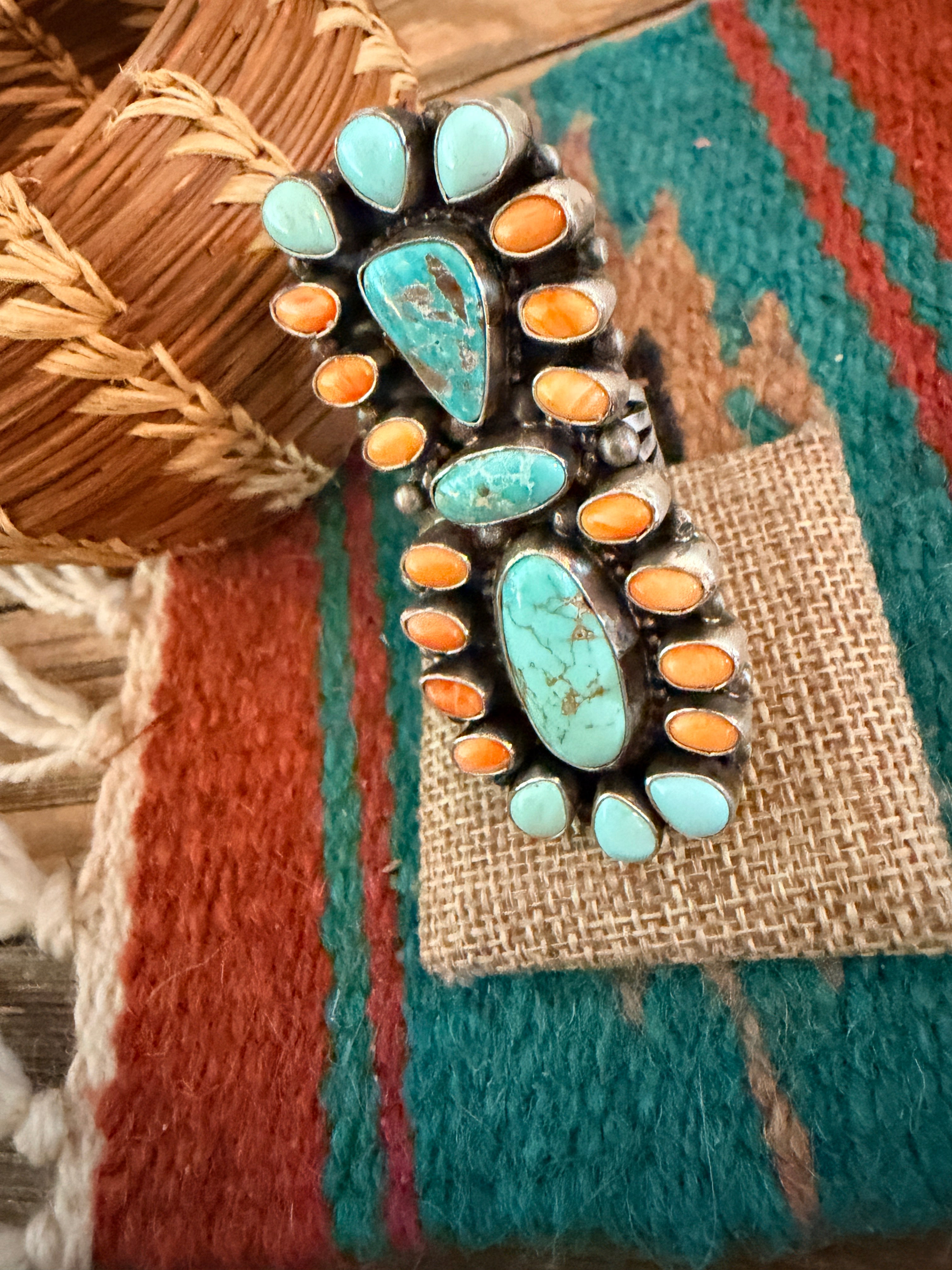 Handcrafted Spiny Oyster, Turquoise & Sterling Silver Cluster Ring by Sheila Becenti Size 7.5