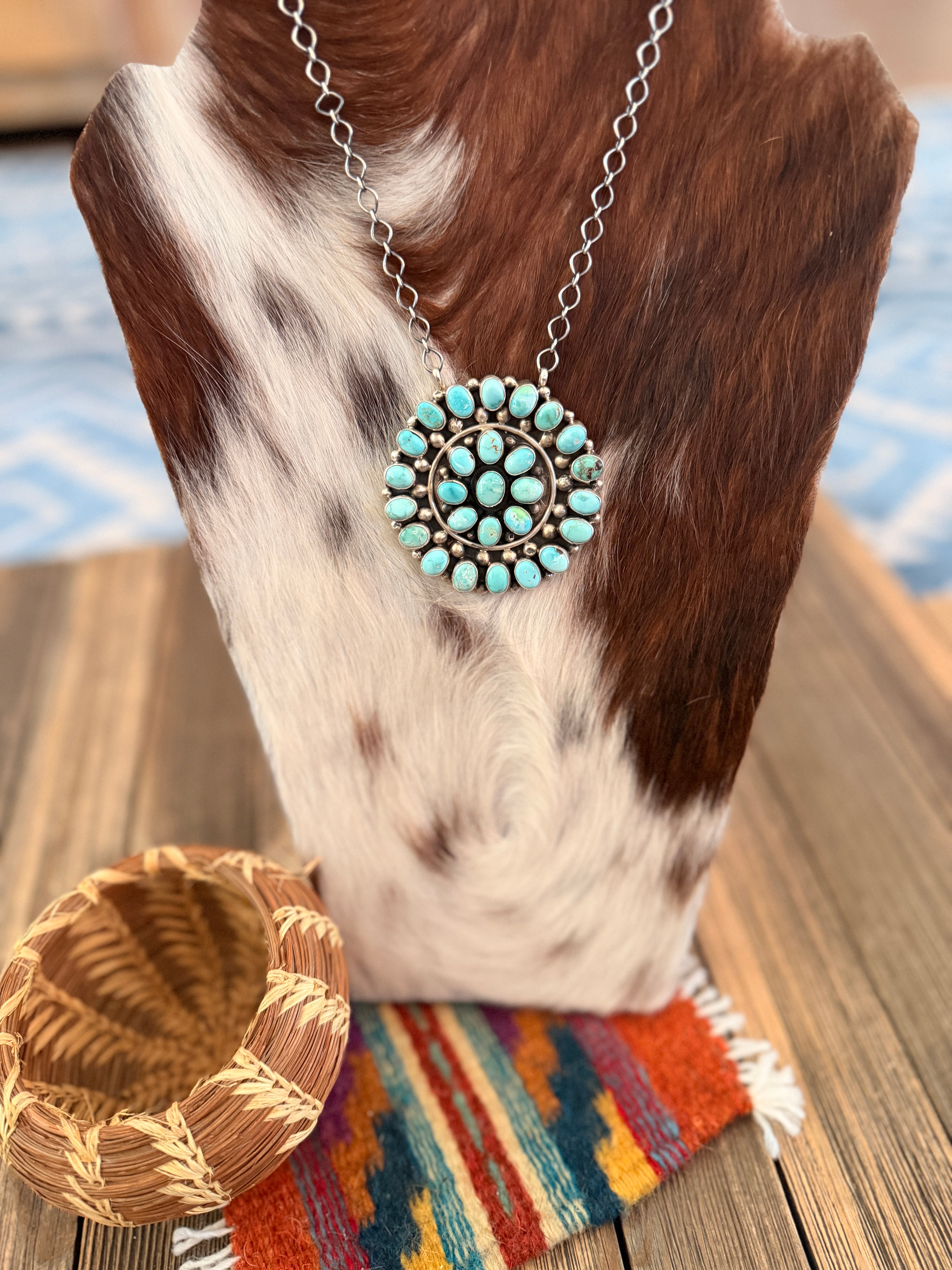 Handcrafted Turquoise & Sterling Silver Cluster Necklace by Travis Jim