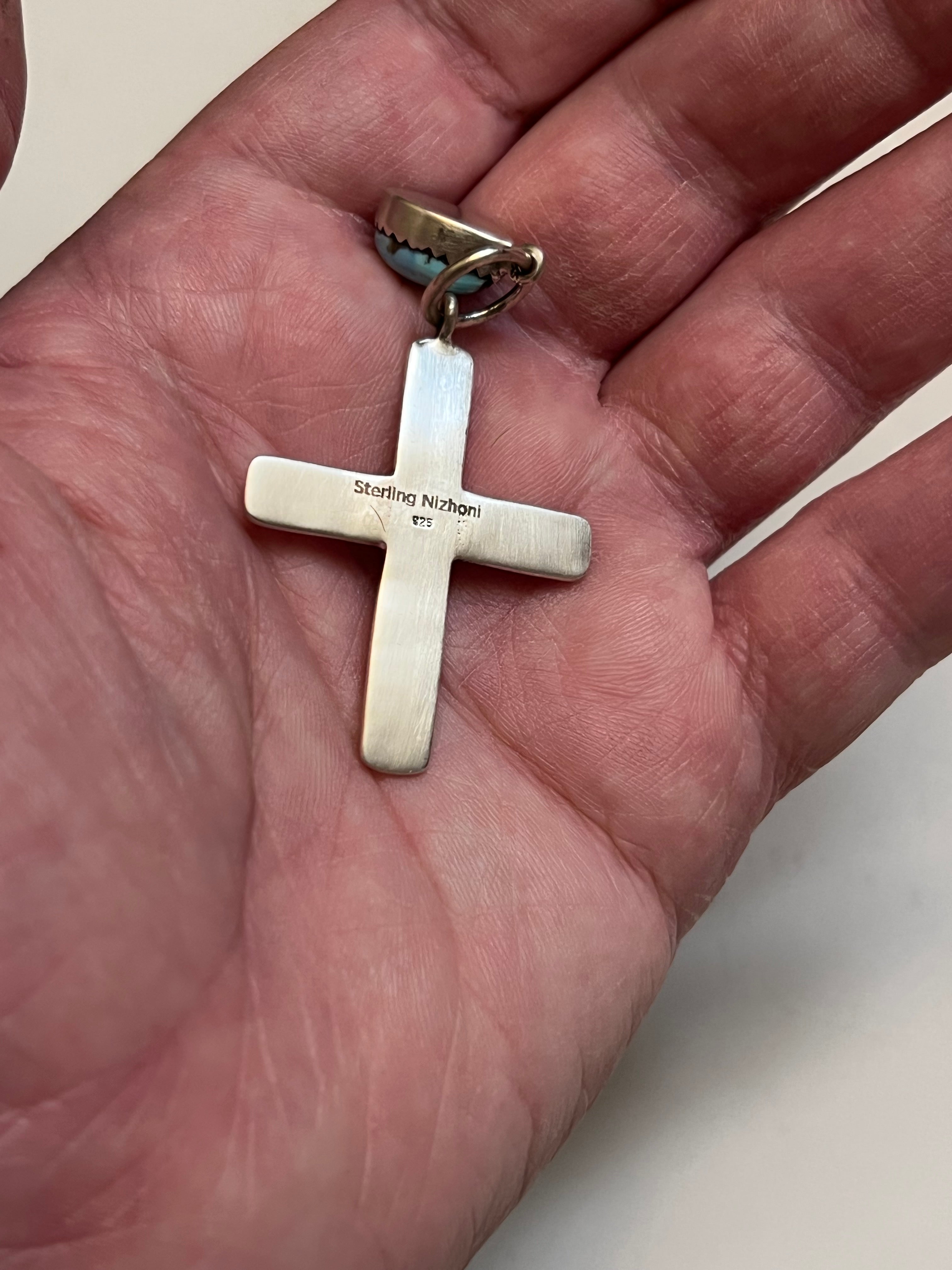 Handmade Golden Hills Turquoise Tear Drop & Etched Sterling Silver Cross Pendant