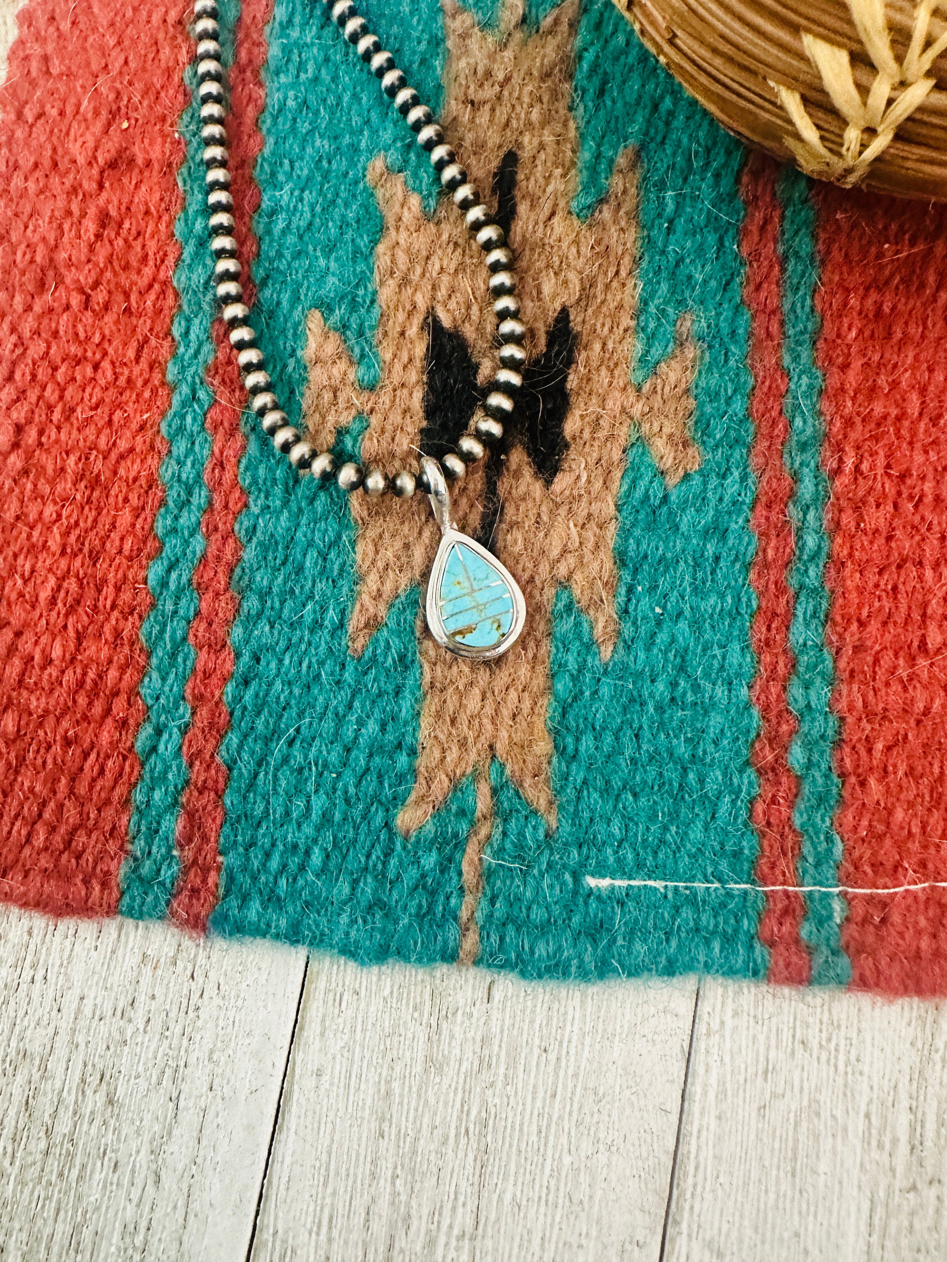 Navajo Turquoise and Sterling Silver Inlay Teardrop Pendant