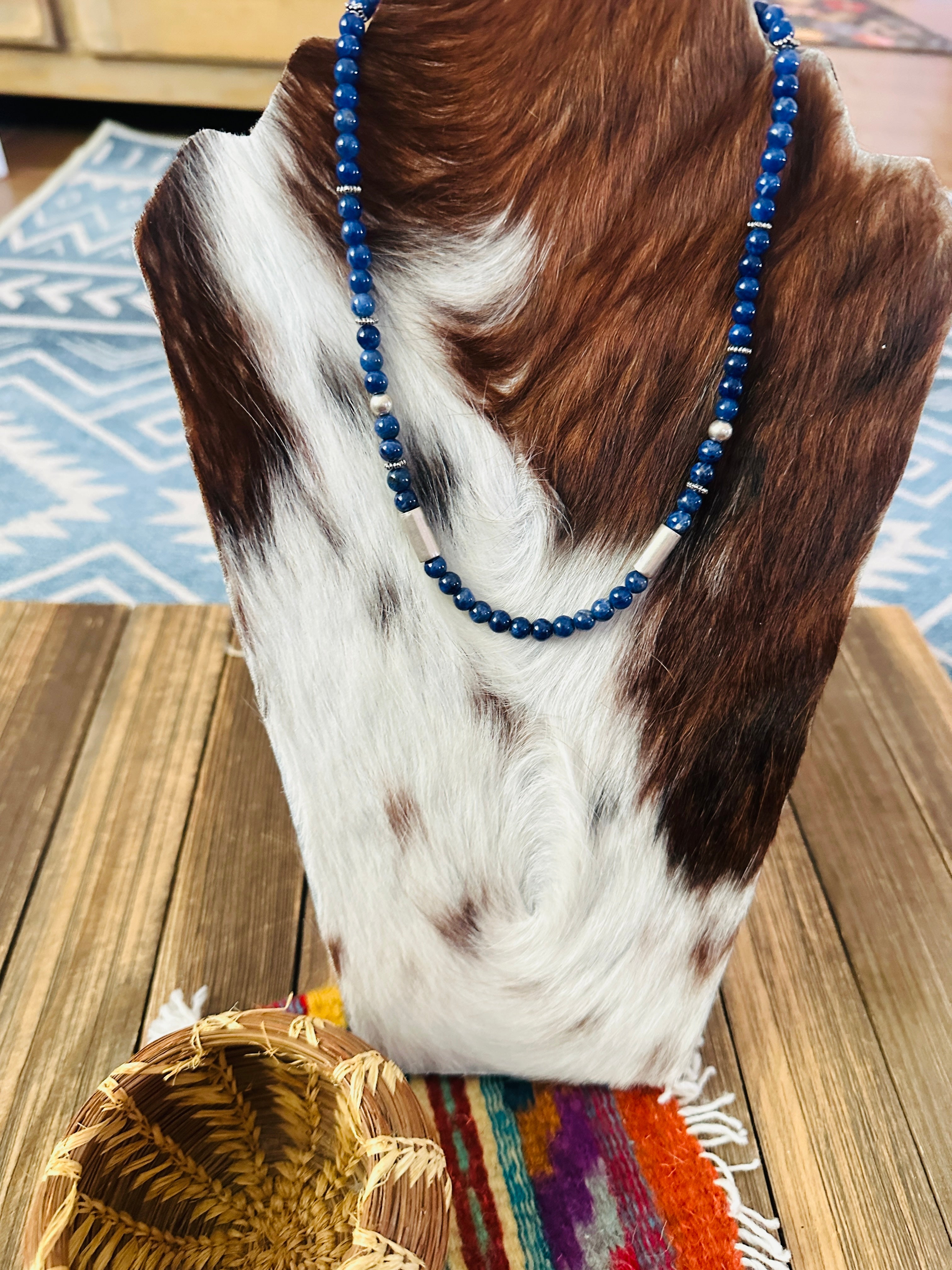 Handcrafted Lapis & Sterling Silver Beaded 18” Necklace by T & R Singer