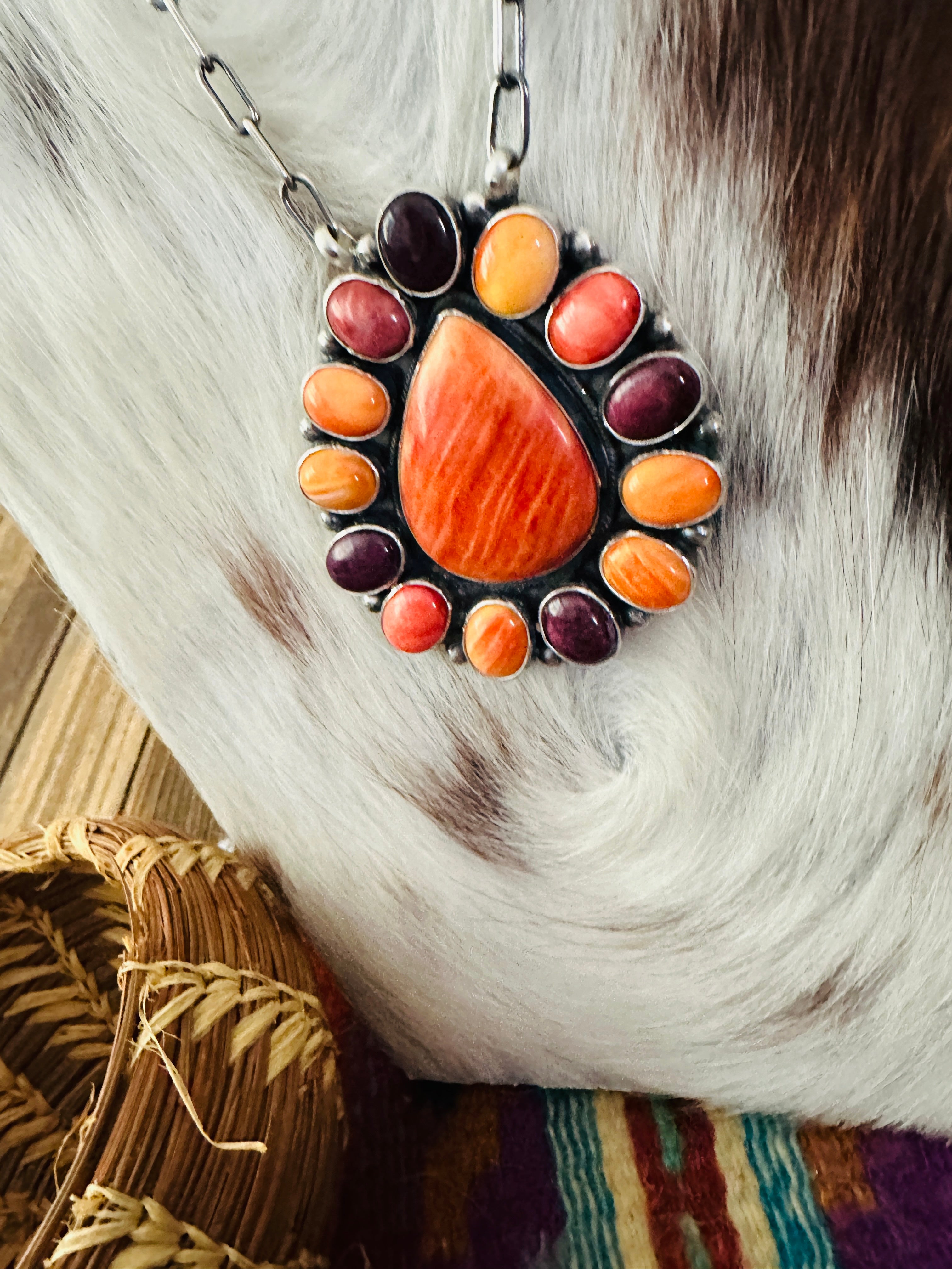 Handcrafted Multicolor Spiny Oyster & Sterling Silver Cluster Necklace by Sheila Becenti