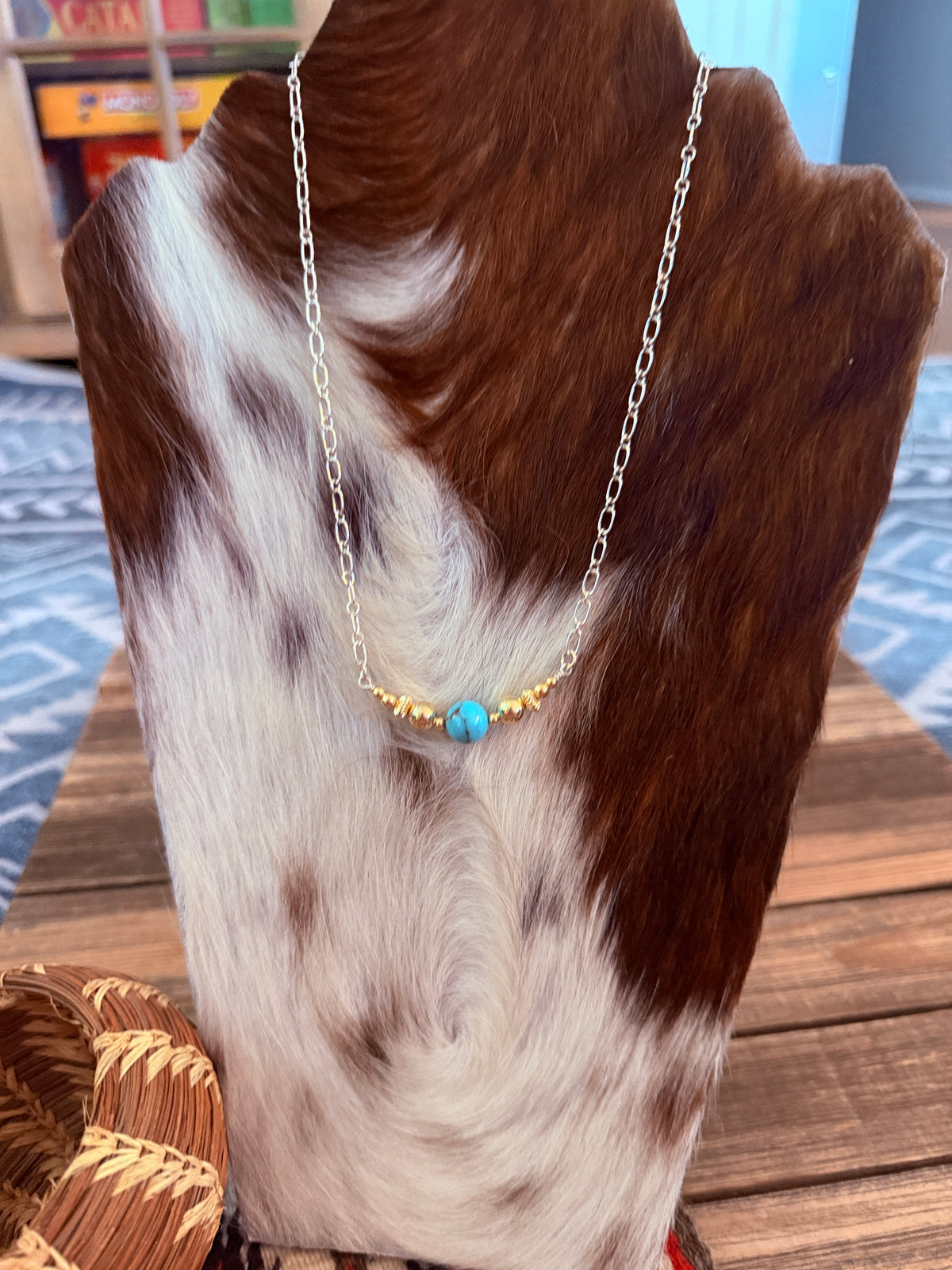 Handcrafted Sterling Silver, Gold & Turquoise Beaded 16” Necklace