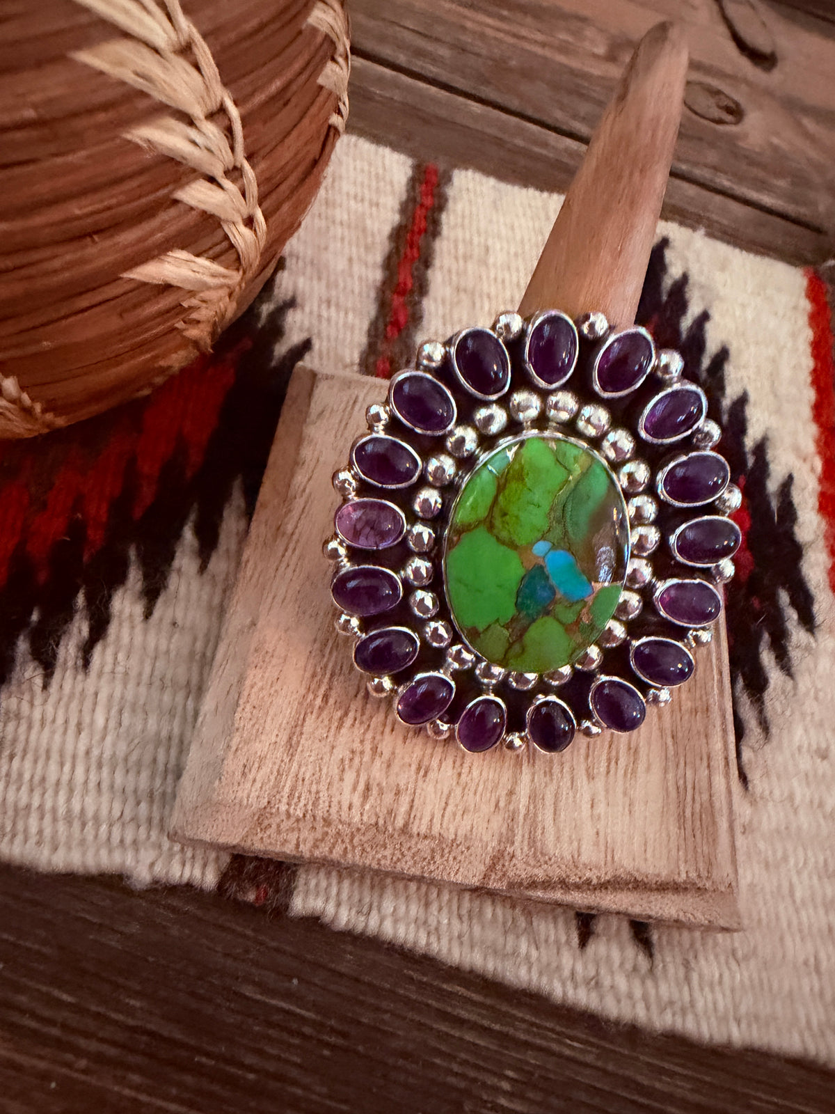 Handcrafted Mojave Turquoise, Amethyst & Sterling Silver Adjustable Cluster Ring