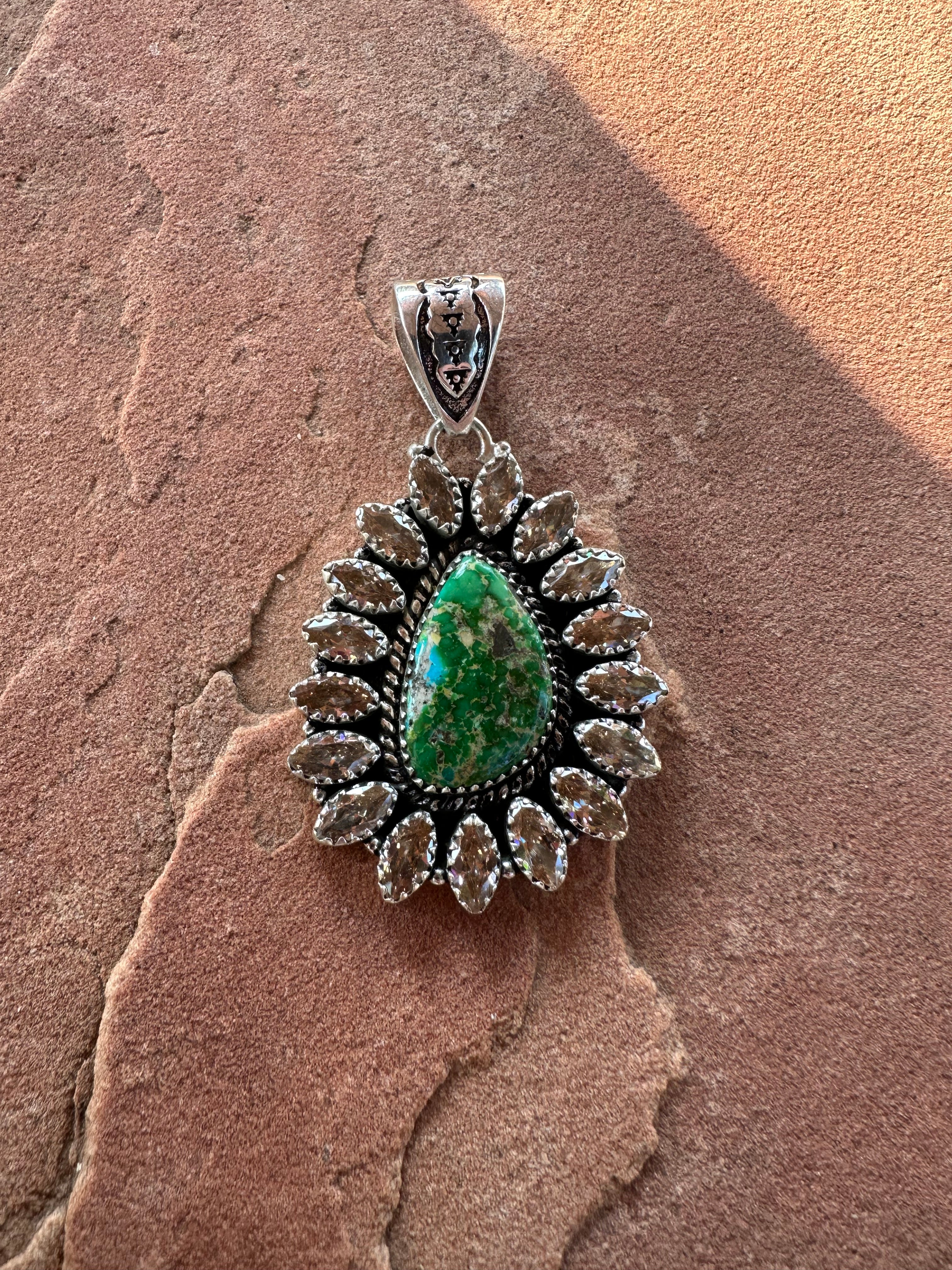 Handmade Sonoran Turquoise, Topaz & Sterling Silver Pendant Signed Nizhoni