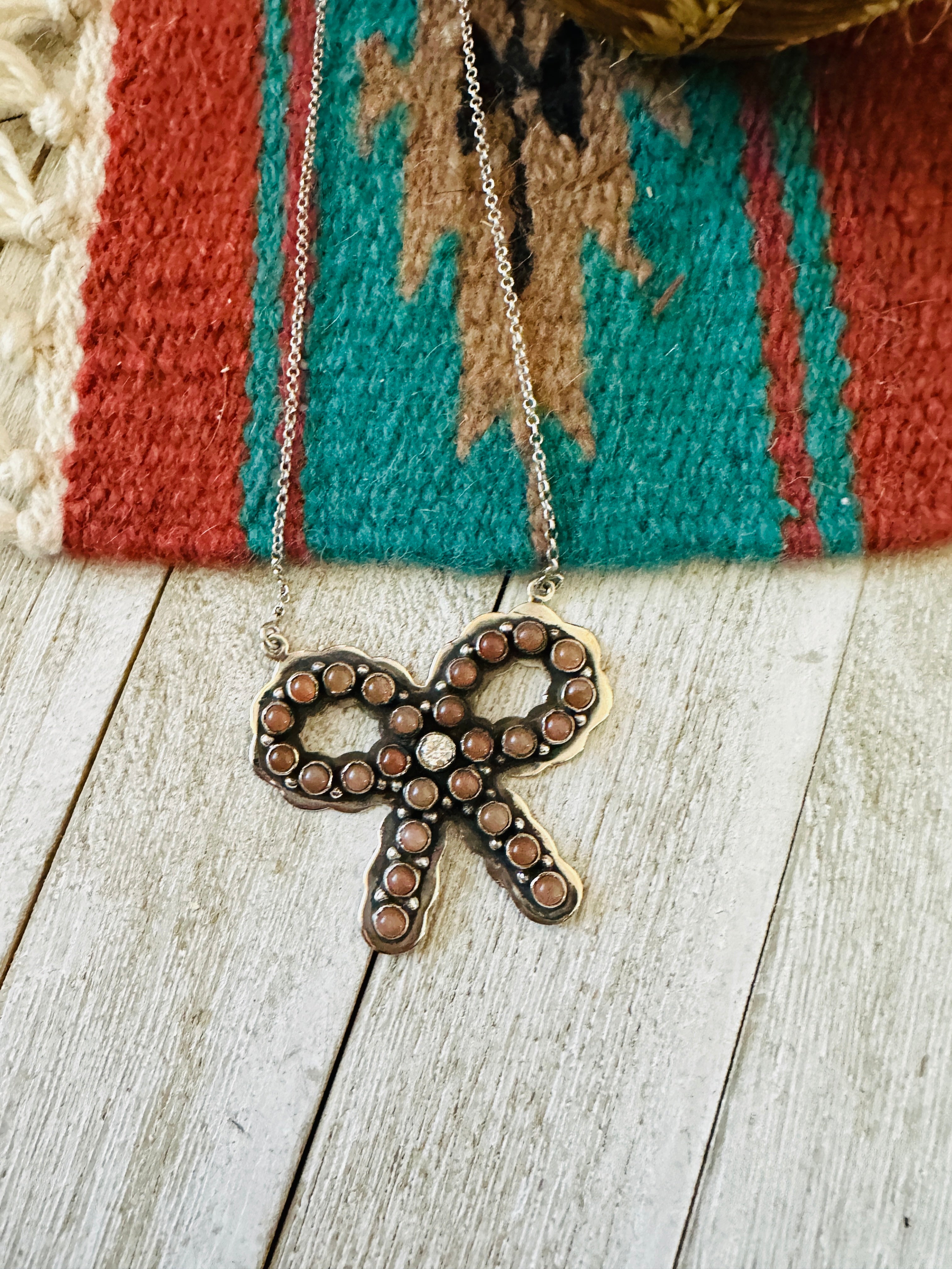 ** Christmas Collection ** Handmade Sterling Silver, Mother of Pearl & CZ Bow Necklace Signed Nizhoni