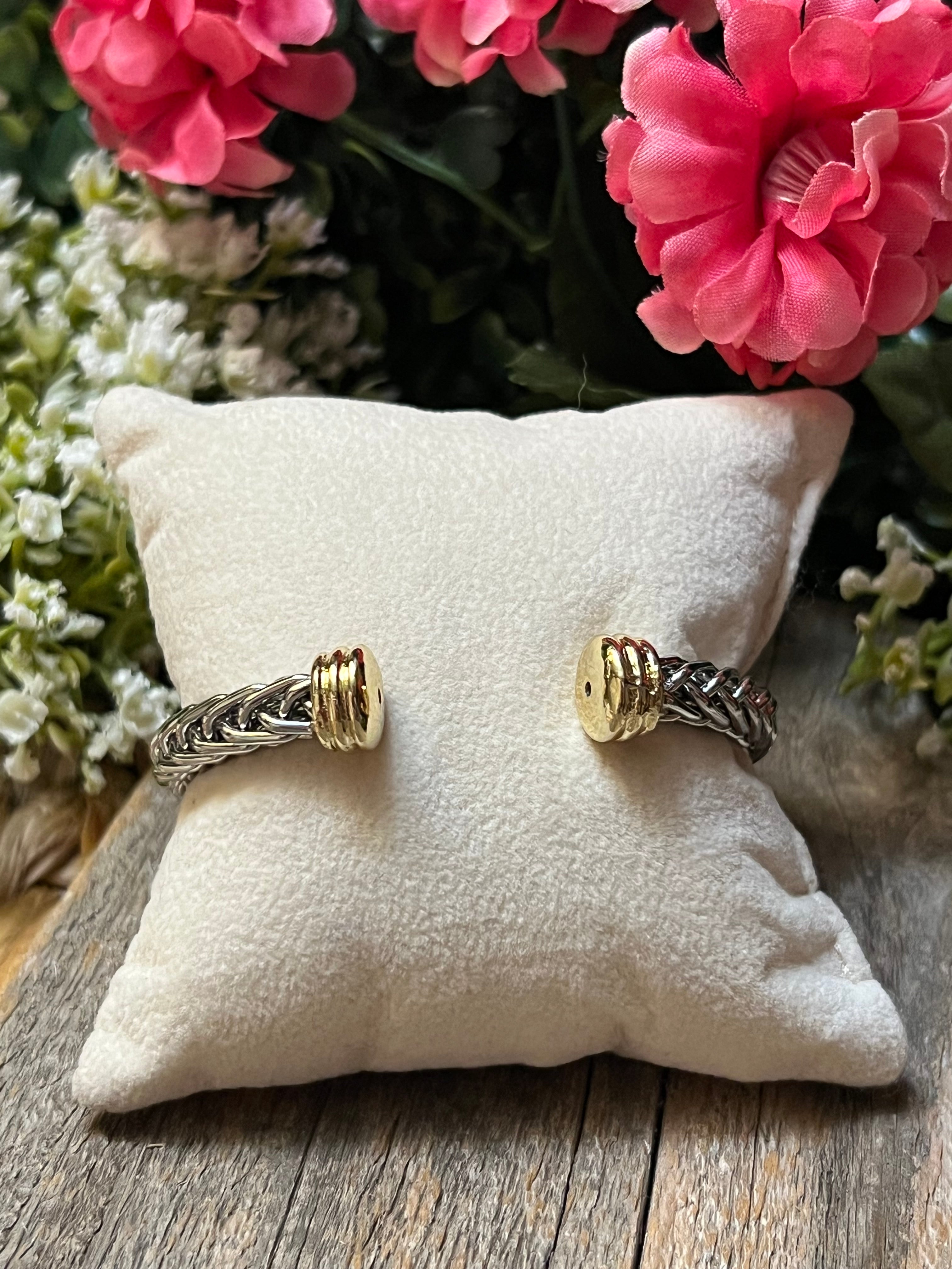 Silver & 14k Gold Plated Two Tone CZ “X” Bangle Bracelet