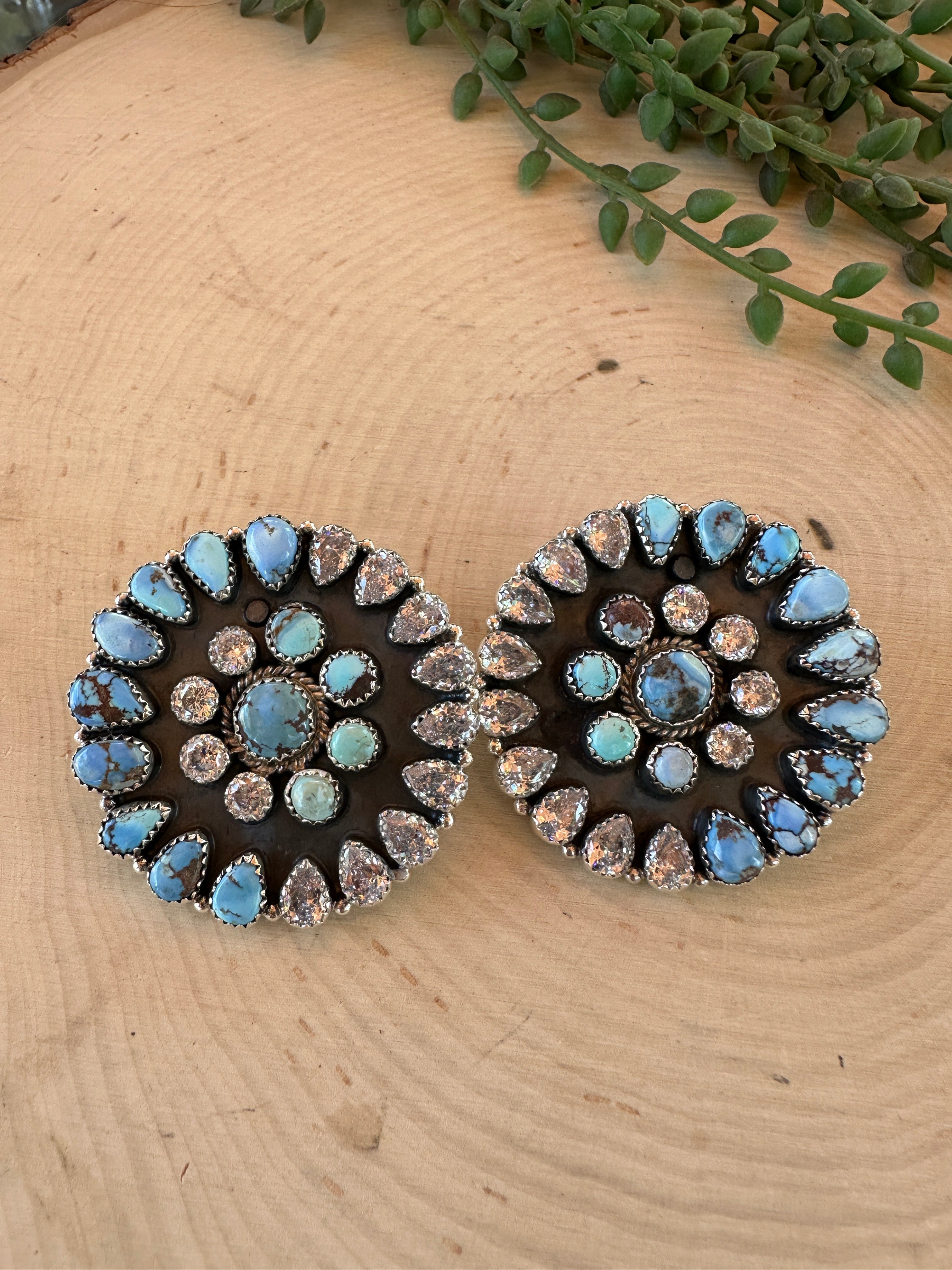 Handmade Golden Hills Turquoise, CZ & Sterling Silver Cluster Post Earrings