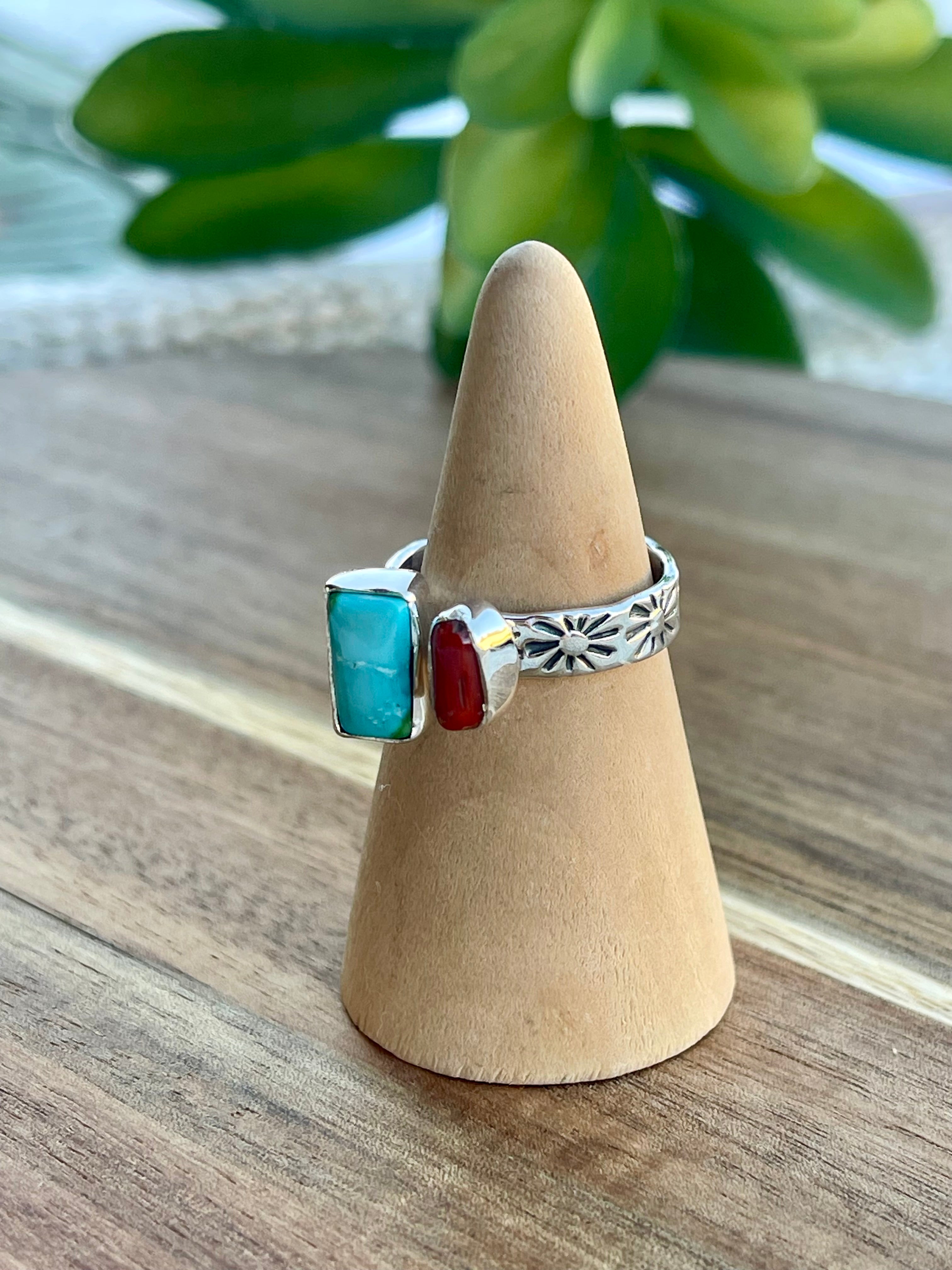 Beautiful Handmade Turquoise, Coral And Sterling Silver Adjustable Ring