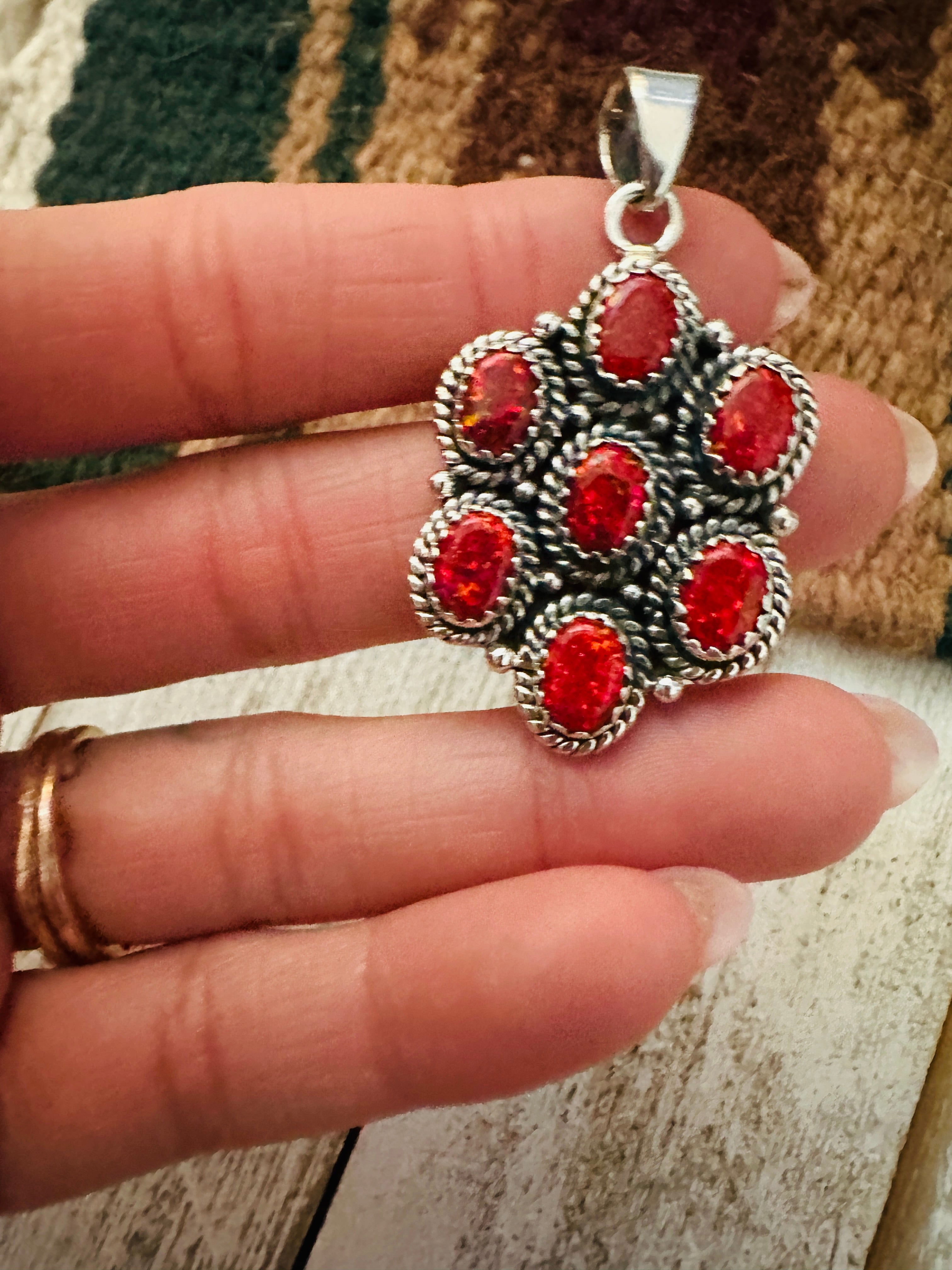 Handmade Red Fire Opal & Sterling Silver Cluster Pendant