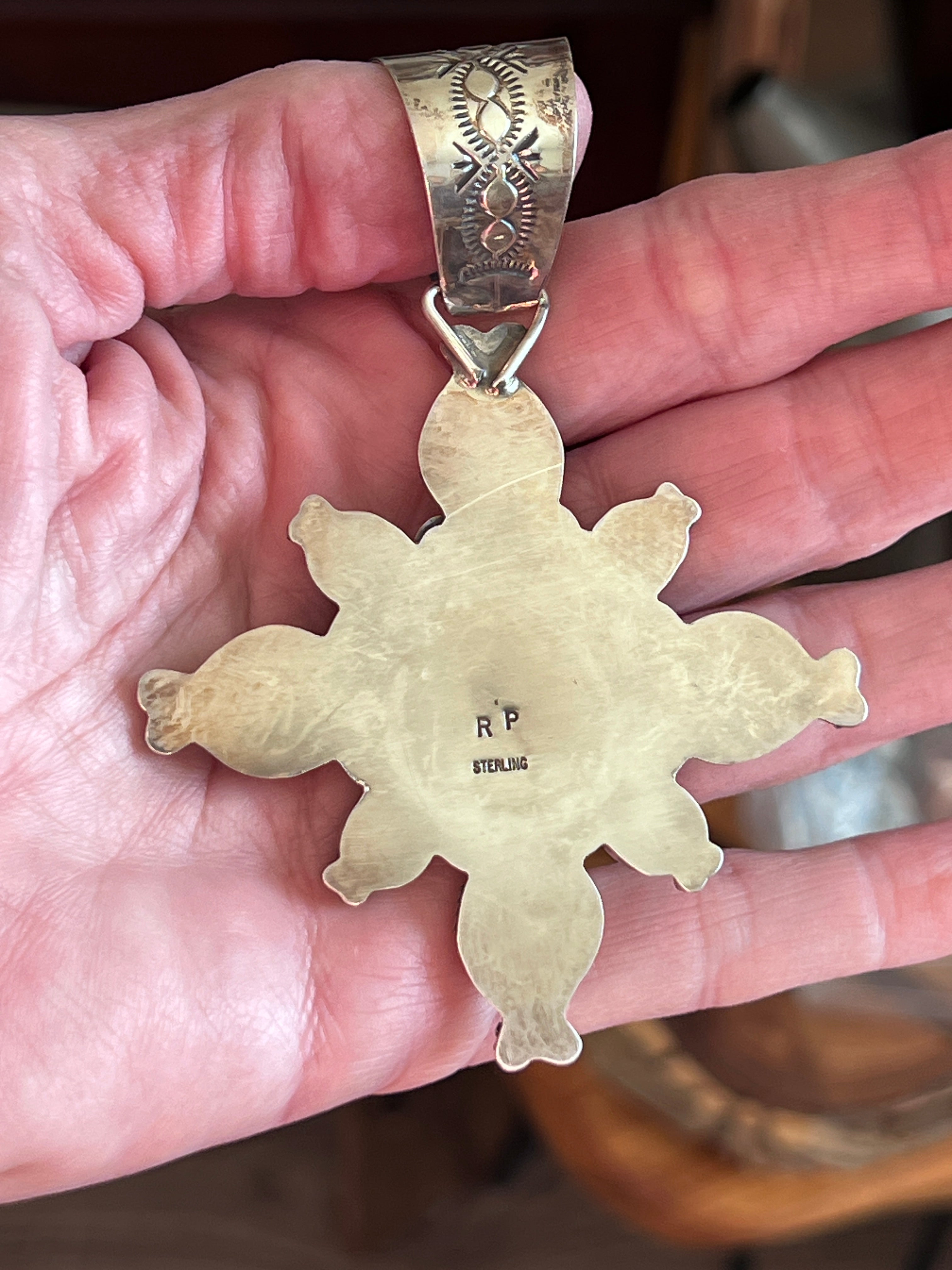 Rosella Paxson Sterling Silver, Buffalo Nickel, Hubei Turquoise & Spiny Oyster Cluster Pendant