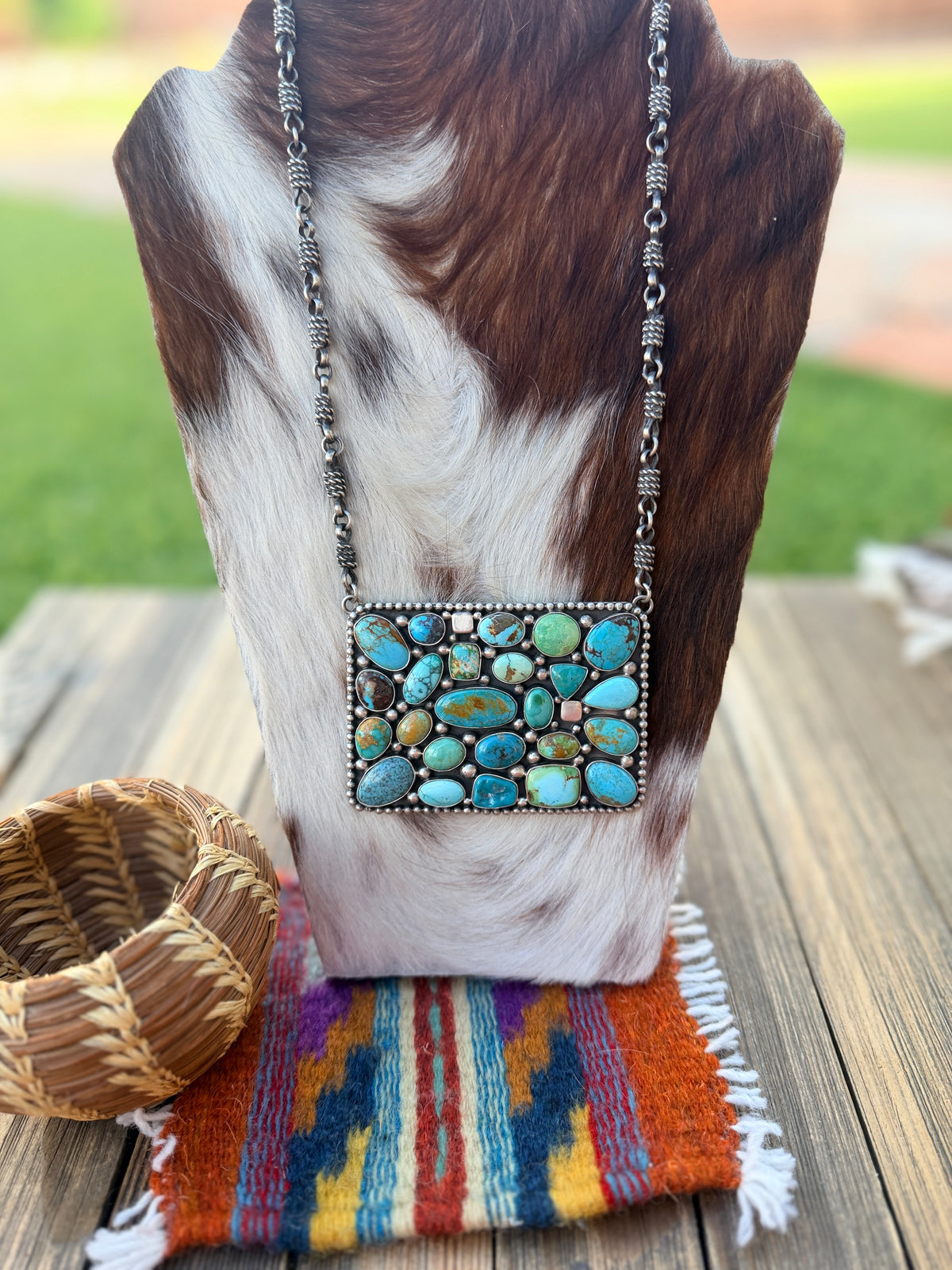 Handcrafted Multi Turquoise & Sterling Silver Cluster Necklace by Charles Jobnson