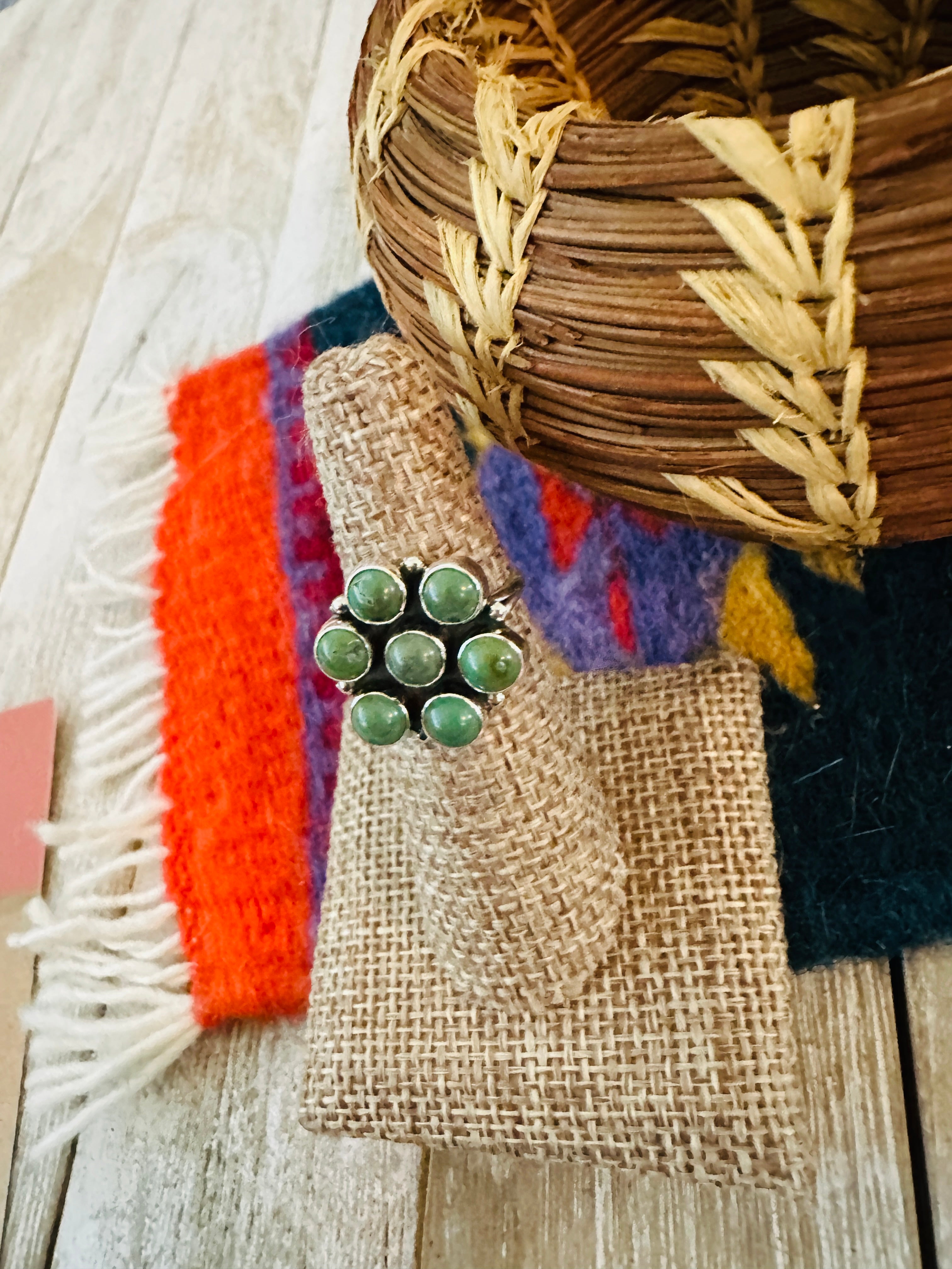 Handcrafted Turquoise & Sterling Silver Cluster Ring Size 6