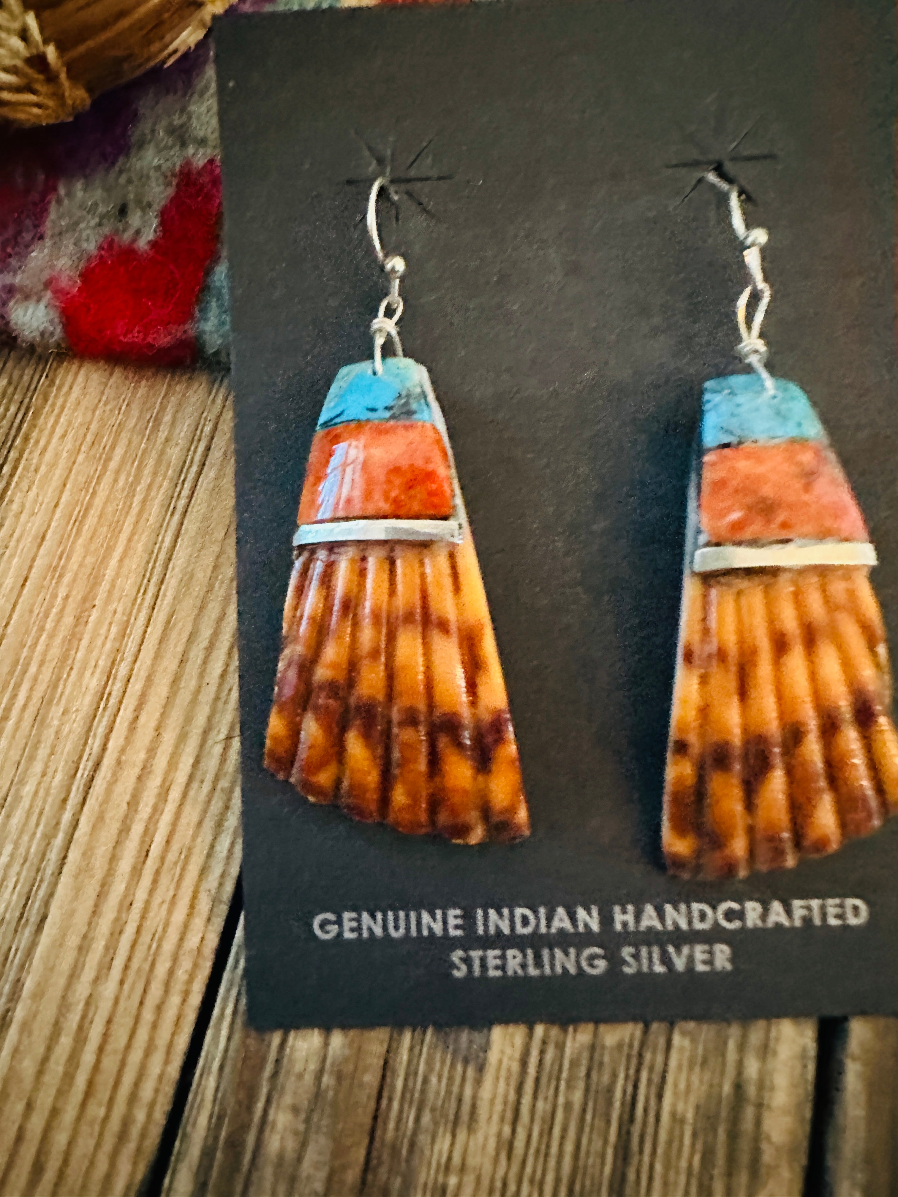 Handcrafted Multi Stone Inlay & Shell Dangle Earrings