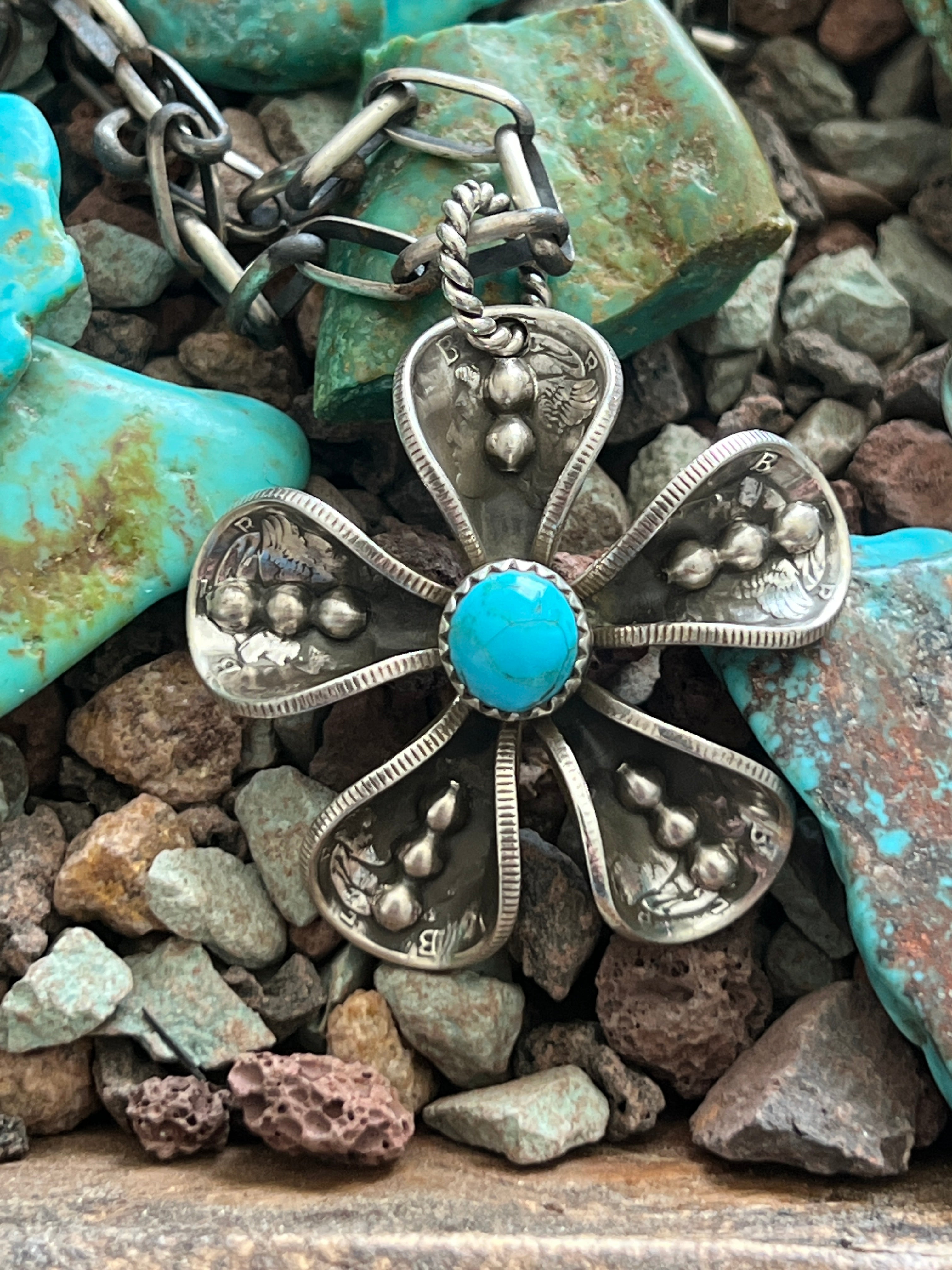 Handcrafted Sterling and Coin Silver Mercury Dime Flower Pendant with Turquoise on Handmade Chain by James Begay