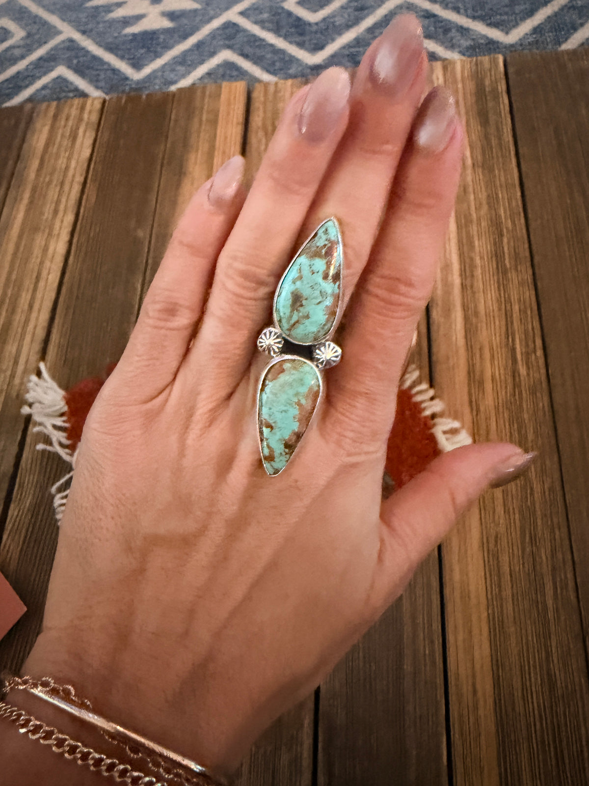 Handcrafted Number 8 Turquoise & Sterling Silver Cluster Adjustable Ring