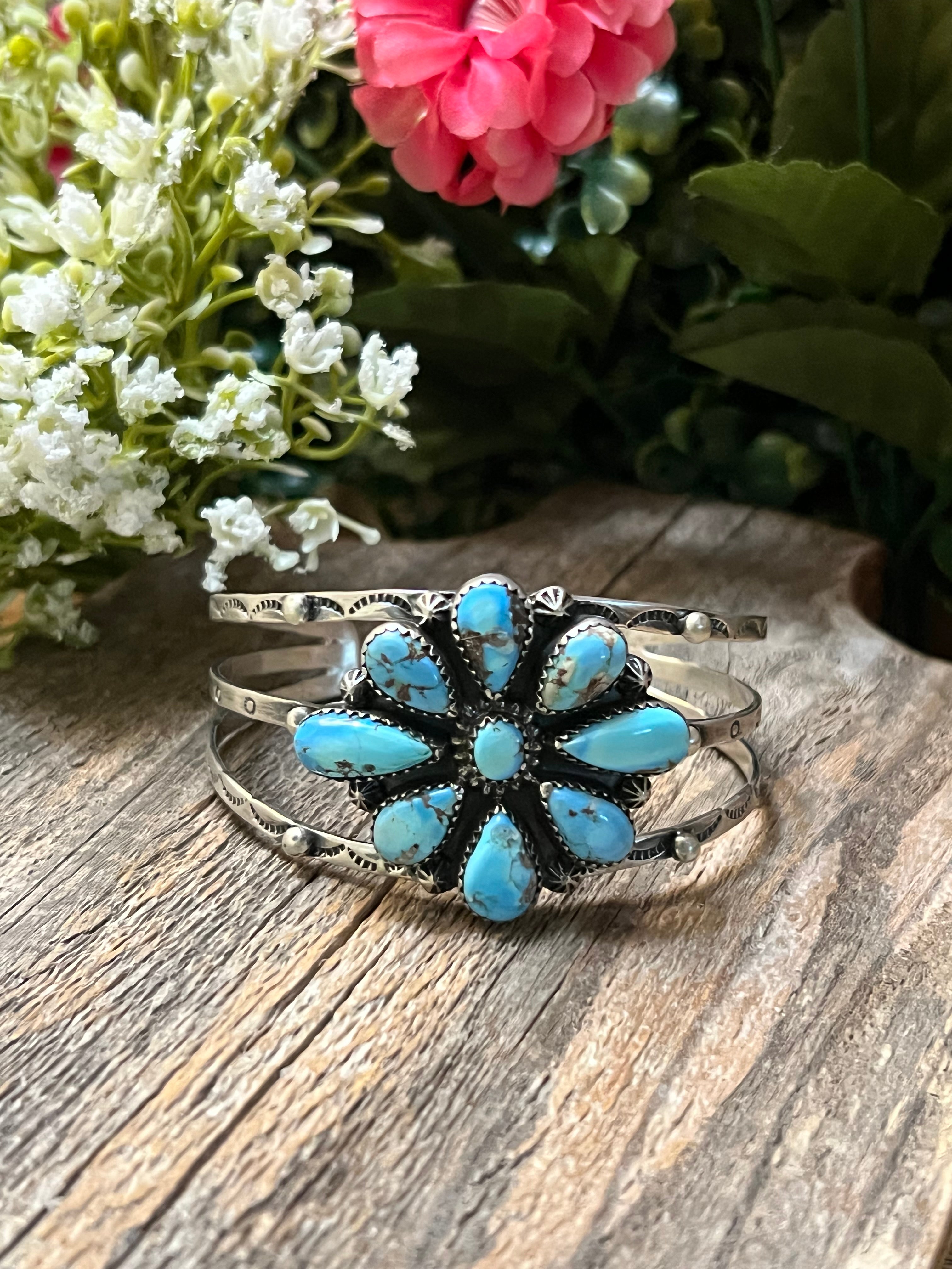 Handmade Golden Hills Turquoise Cluster Sterling Silver Cuff Bracelet (04)