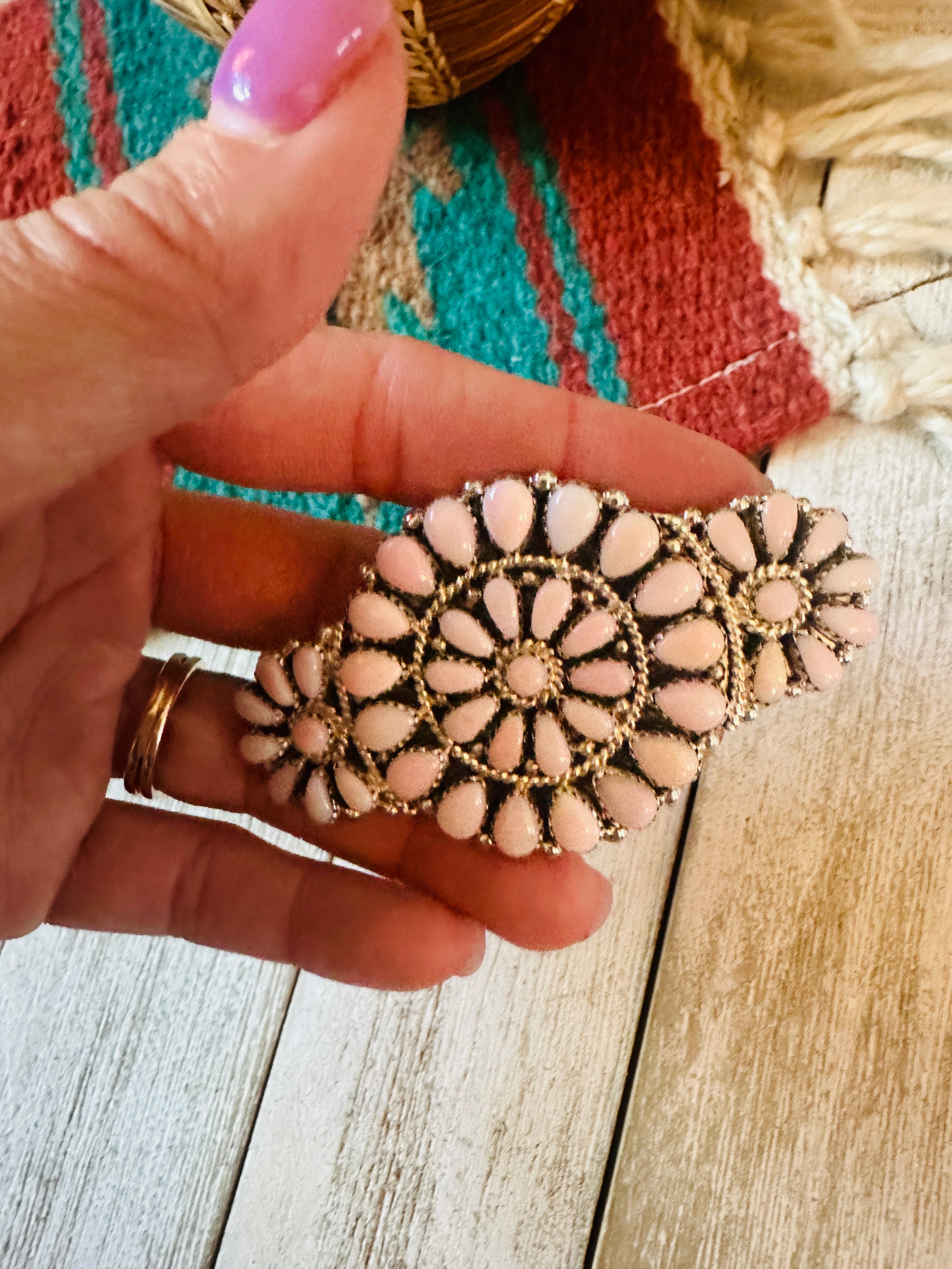 Navajo Queen Pink Conch & Sterling Silver Cluster Hair Barrette