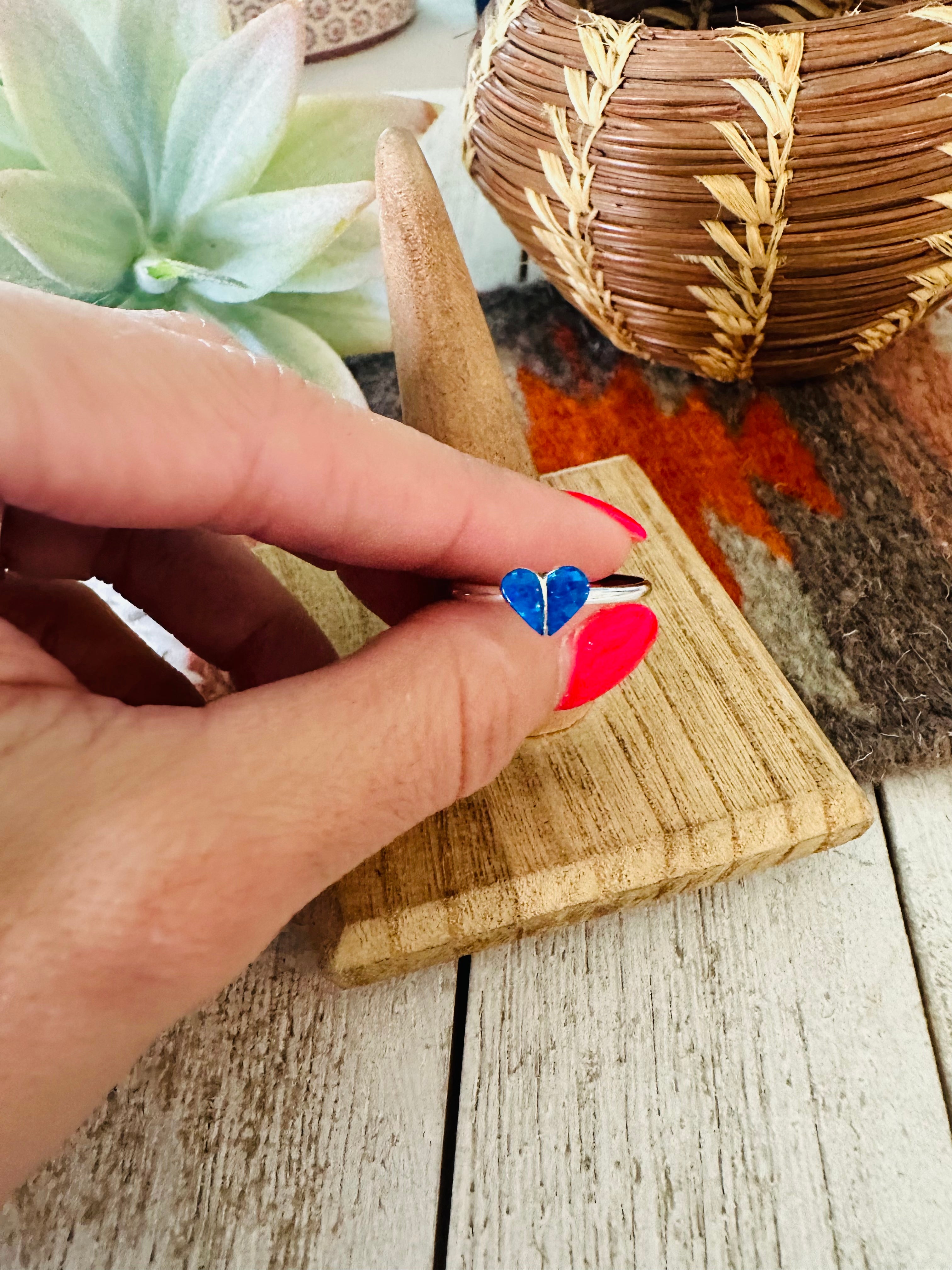 Zuni Sterling Silver & Blue Opal Inlay Heart Ring